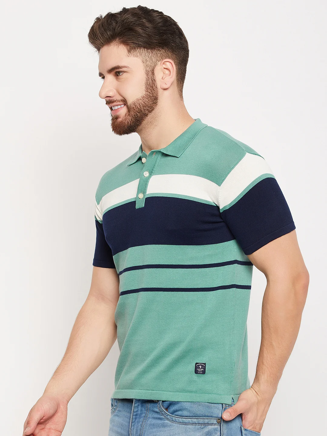 T-Shirt for Men | Breathable & Soft with Color Fastness Regular Fit Polo Neck Cotton Fabric Striped Pattern - Image 3