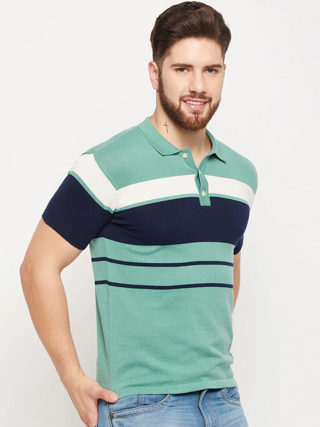 T-Shirt for Men | Breathable & Soft with Color Fastness Regular Fit Polo Neck Cotton Fabric Striped Pattern - Image 4