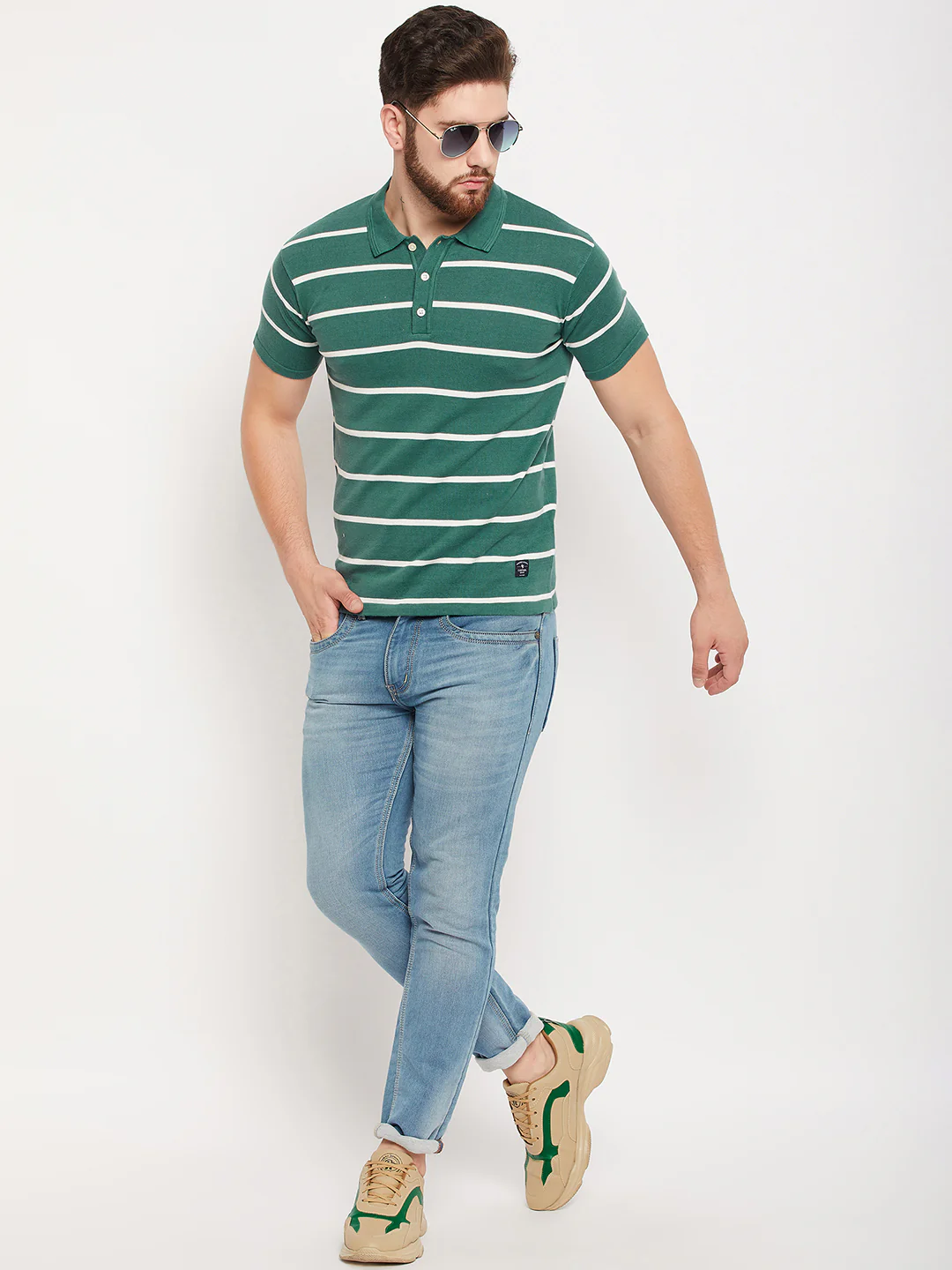 T-Shirt for Men | Breathable & Soft with Color Fastness Regular Fit Polo Neck Cotton Fabric Striped Pattern - Image 2