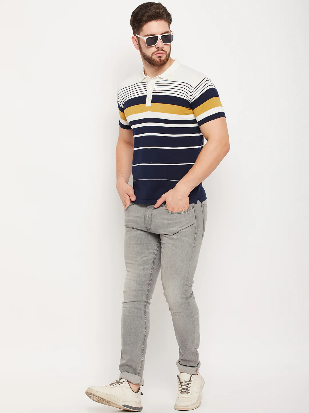 T-Shirt for Men | Breathable & Soft with Color Fastness Regular Fit Polo Neck Cotton Fabric Striped Pattern - Image 2