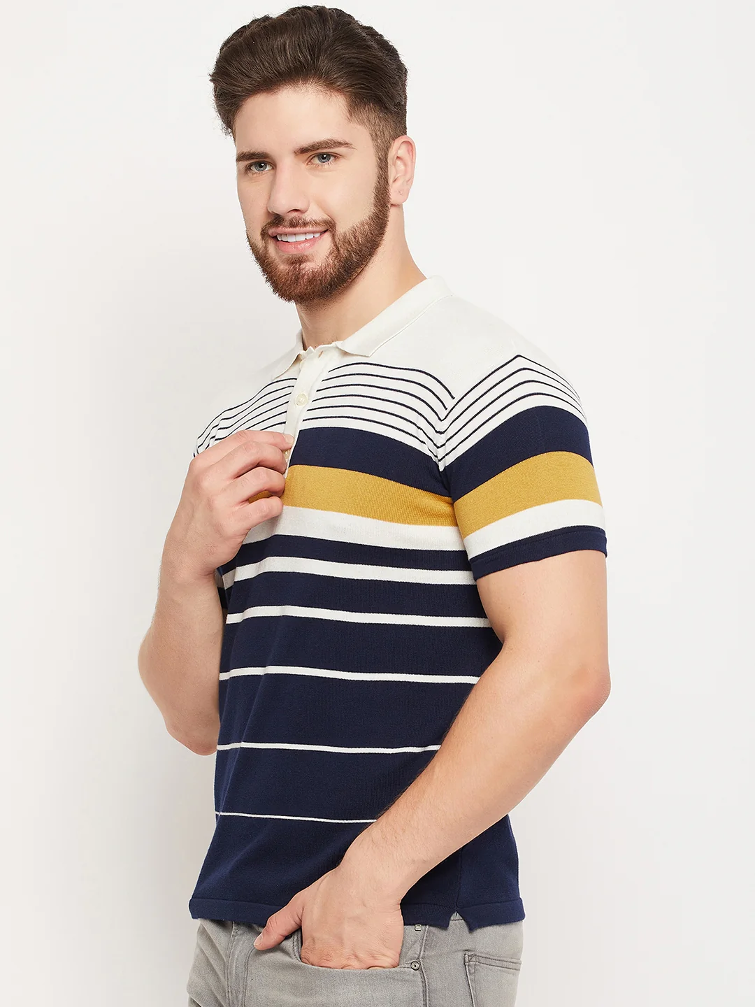 T-Shirt for Men | Breathable & Soft with Color Fastness Regular Fit Polo Neck Cotton Fabric Striped Pattern - Image 3