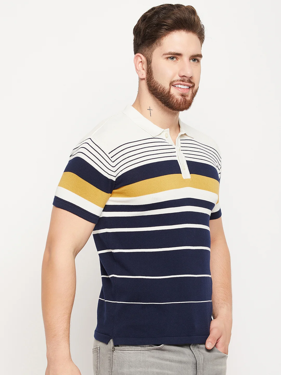 T-Shirt for Men | Breathable & Soft with Color Fastness Regular Fit Polo Neck Cotton Fabric Striped Pattern - Image 4