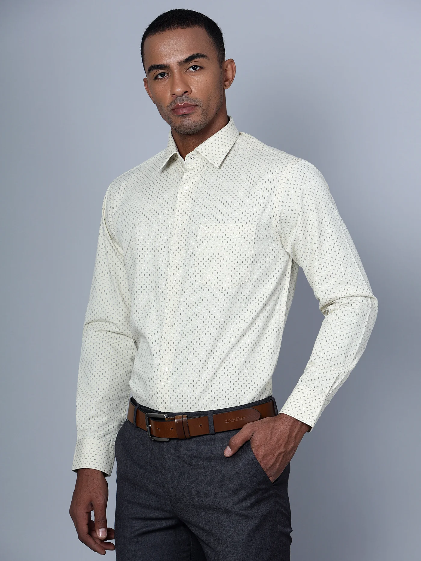 Men's Light Yellow Formal Geometric Ditsy print Full Sleeve Shirt - Image 3