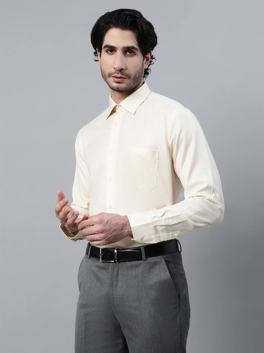 Men's Light Yellow Formal Medium Checks Full Sleeve Shirt - Image 3