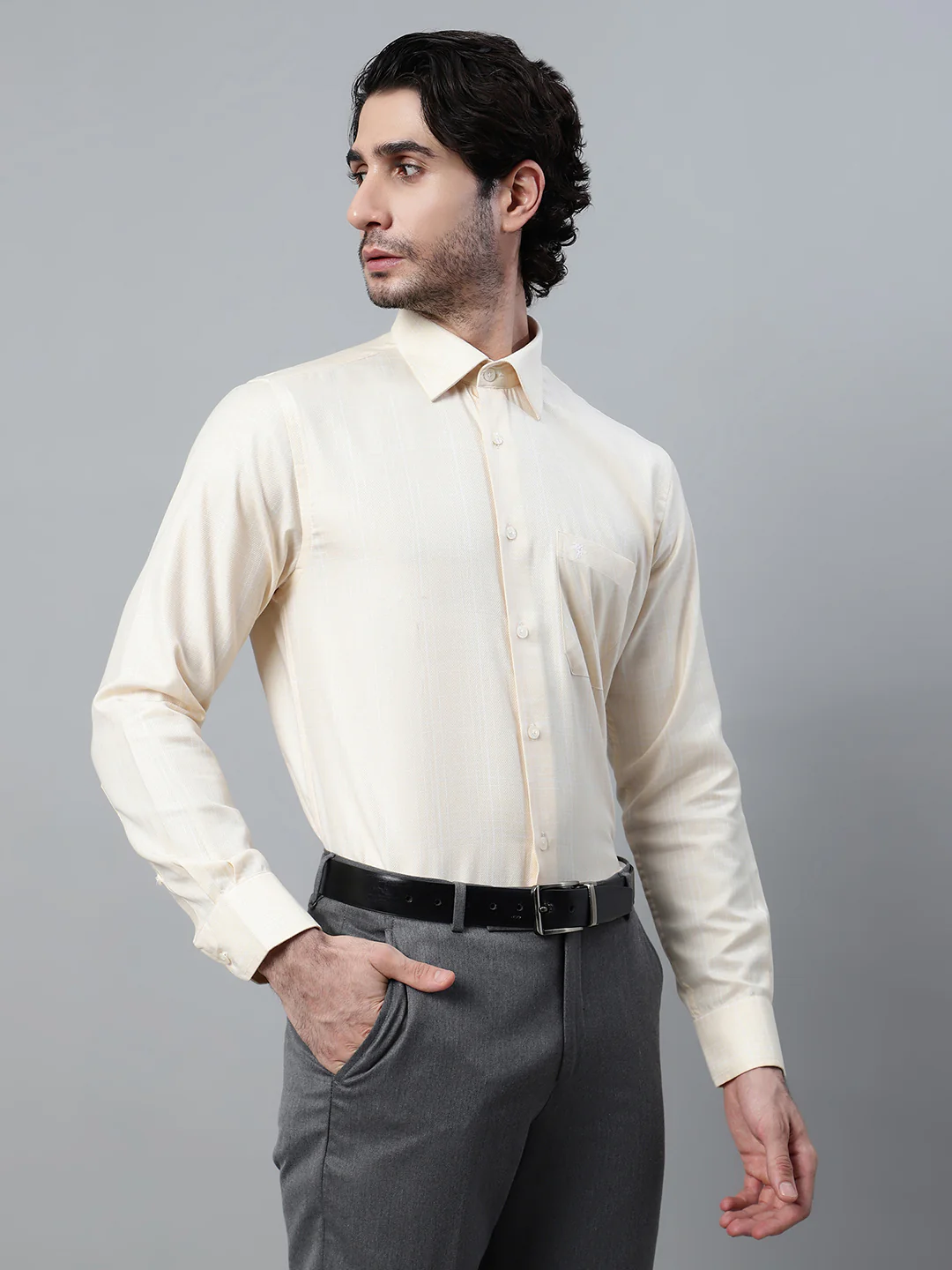 Men's Light Yellow Formal Medium Checks Full Sleeve Shirt - Image 4