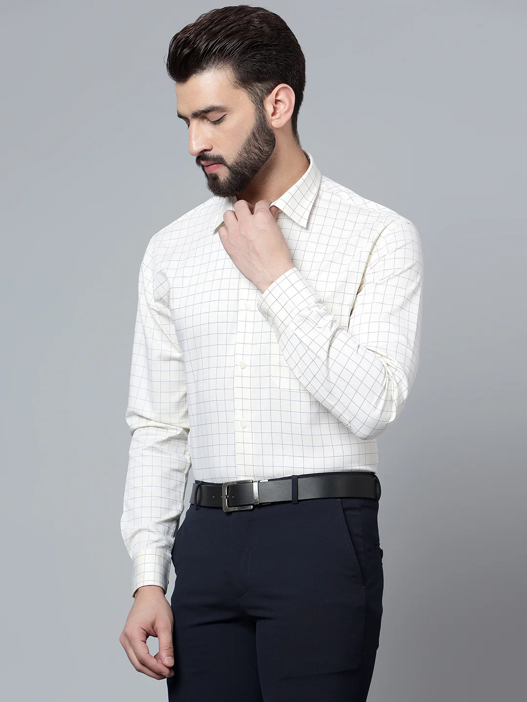 Men's Light Yellow Formal Medium Checks Full Sleeve Shirt - Image 3