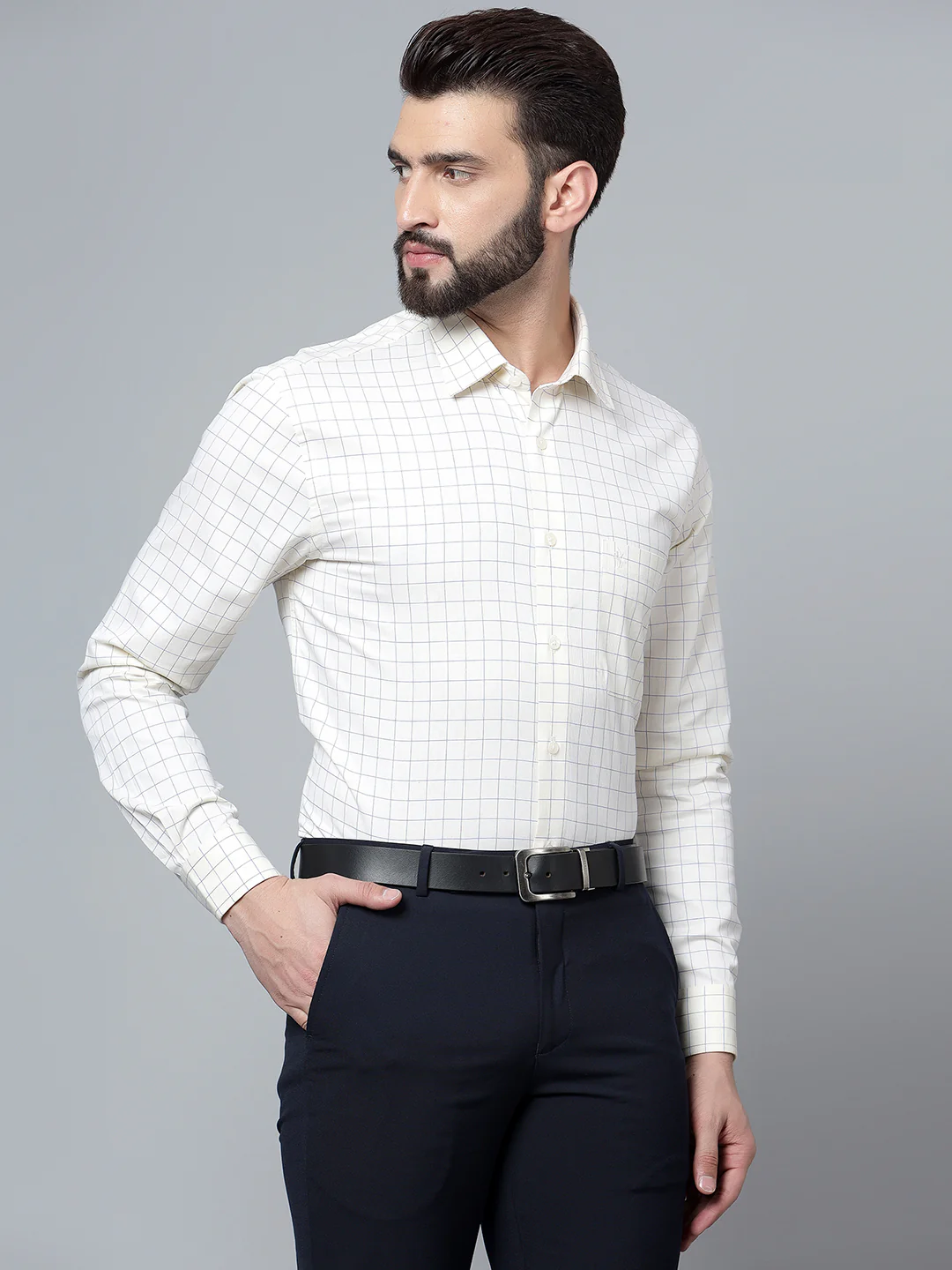 Men's Light Yellow Formal Medium Checks Full Sleeve Shirt - Image 4