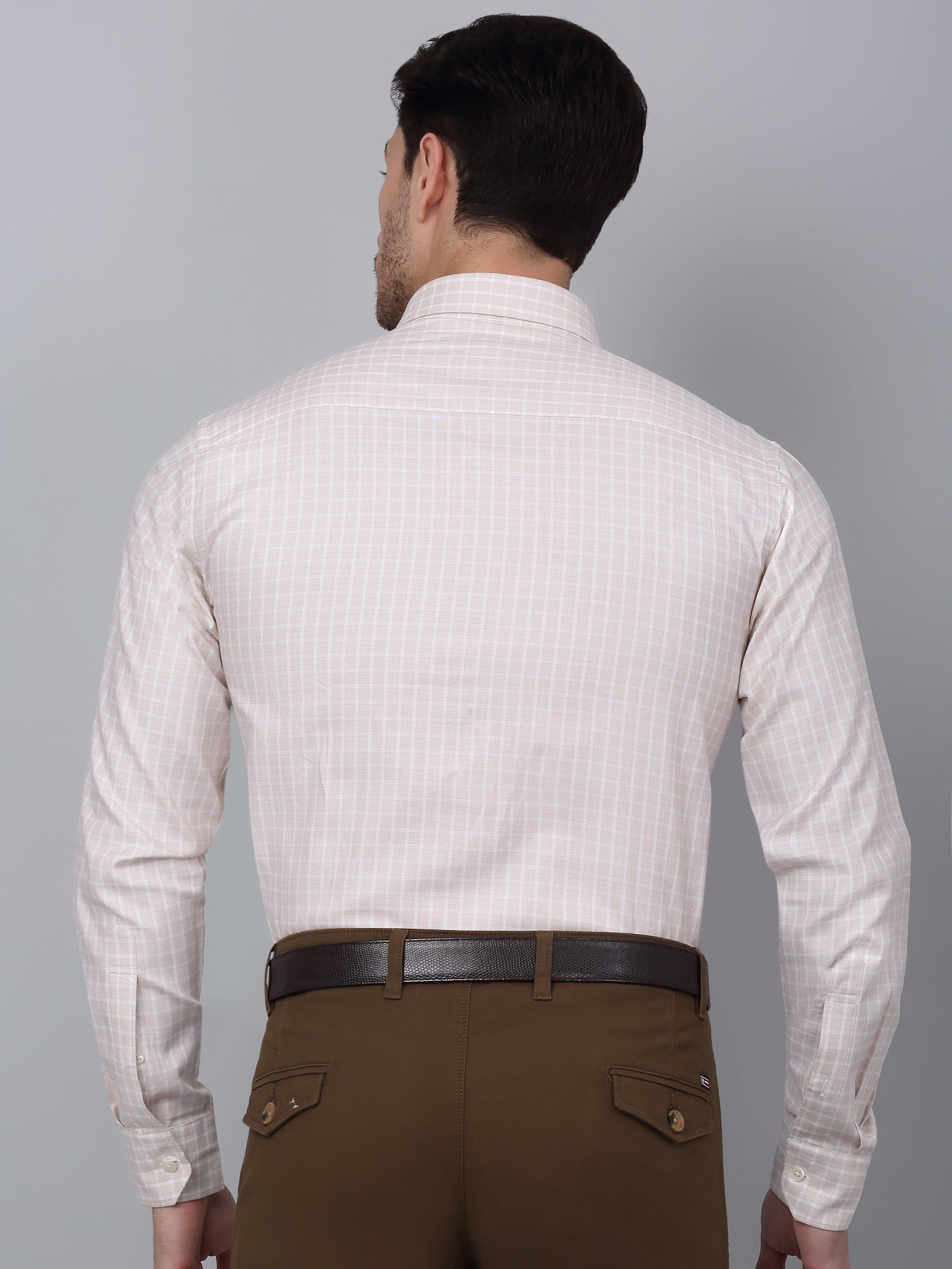Men's Beige Formal Small Checks Full Sleeve Shirt - Image 2