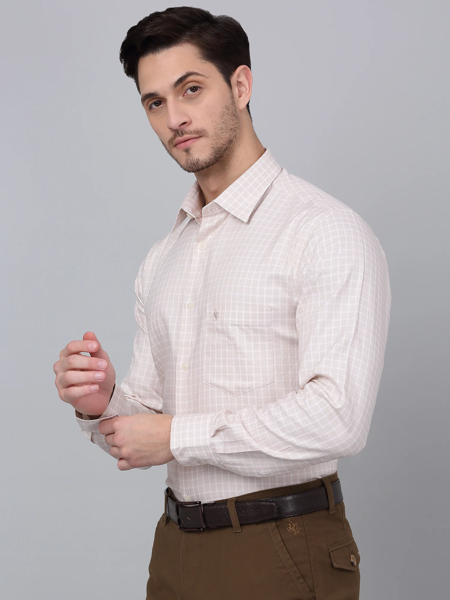 Men's Beige Formal Small Checks Full Sleeve Shirt - Image 3
