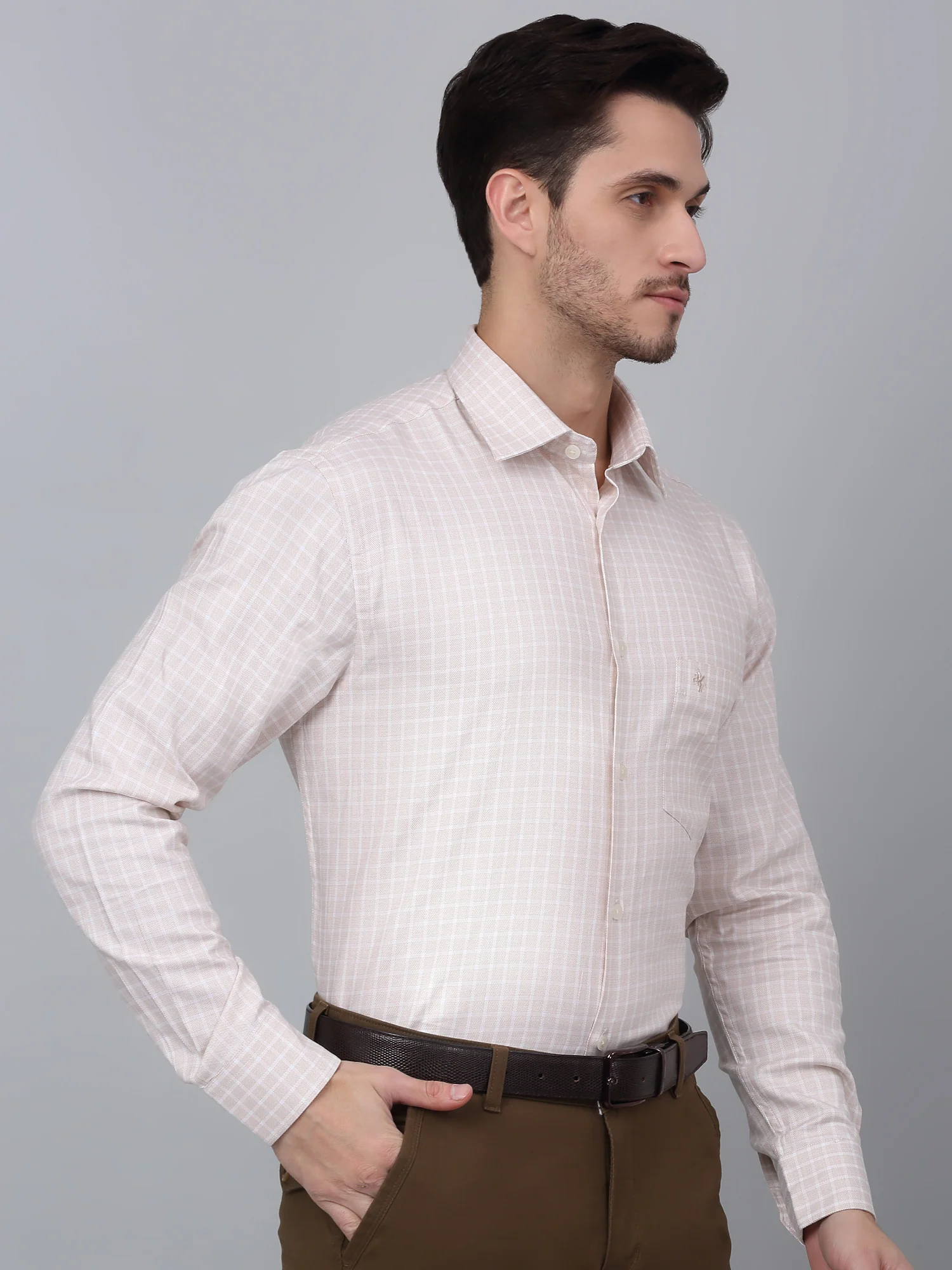 Men's Beige Formal Small Checks Full Sleeve Shirt - Image 4