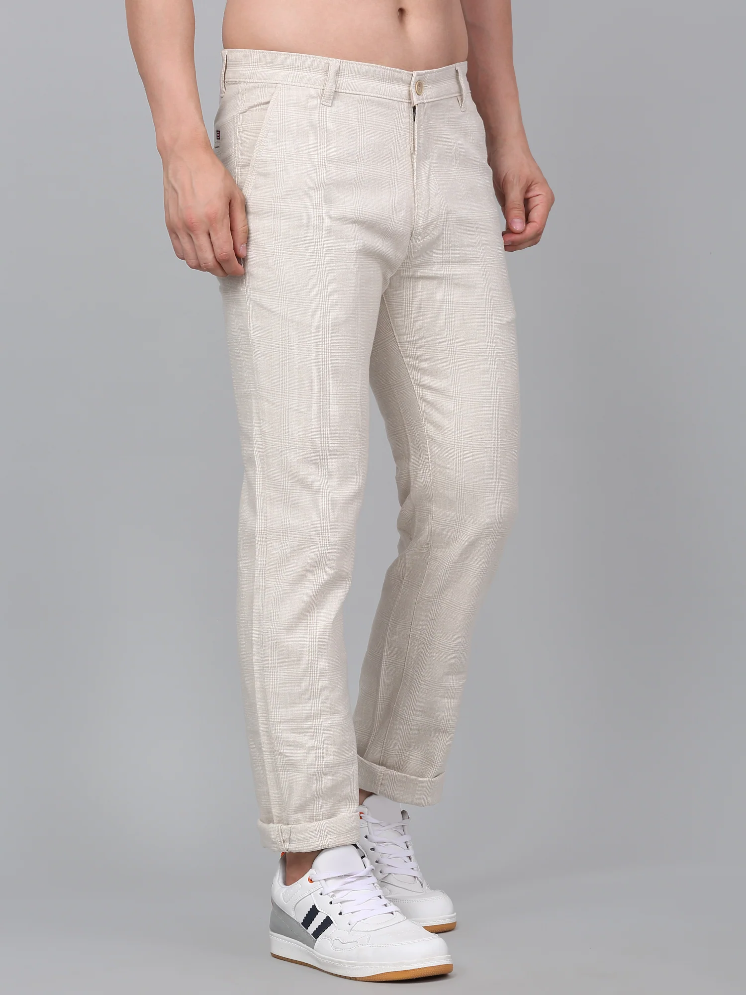 Men's Beige Checkered Non-Pleated Casual Trouser - Image 3