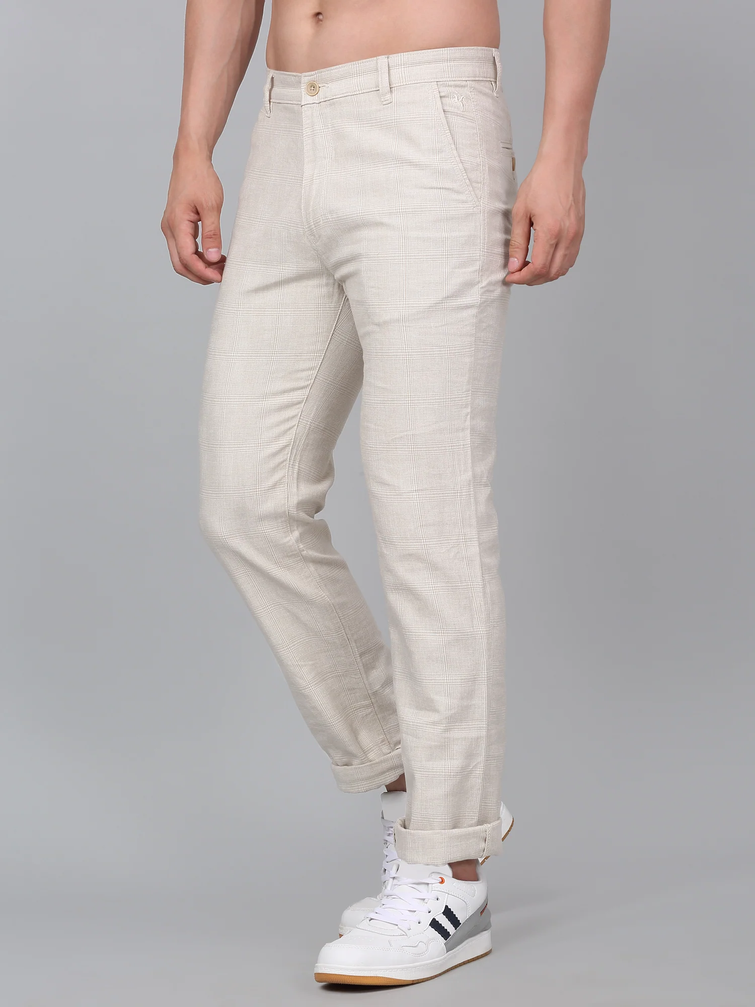 Men's Beige Checkered Non-Pleated Casual Trouser - Image 4