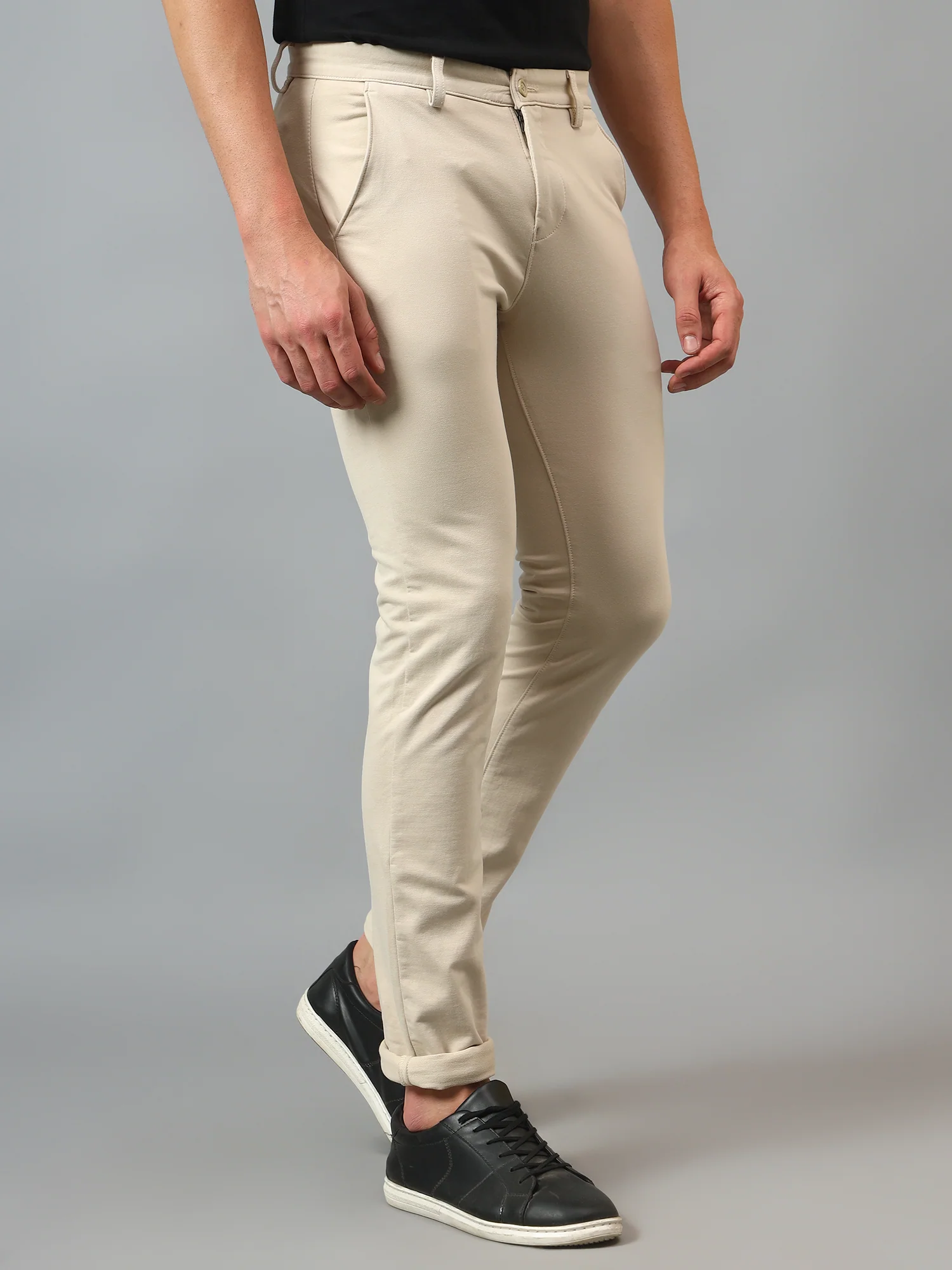 Men's Casual Flat front Beige  Trousers - Image 3