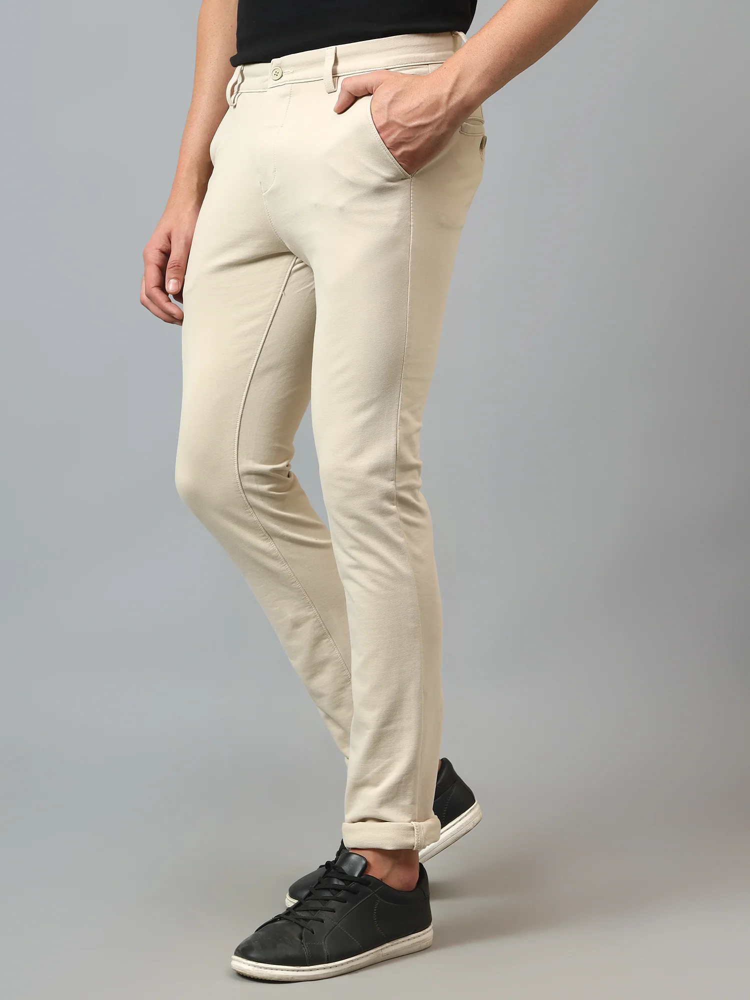 Men's Casual Flat front Beige  Trousers - Image 4