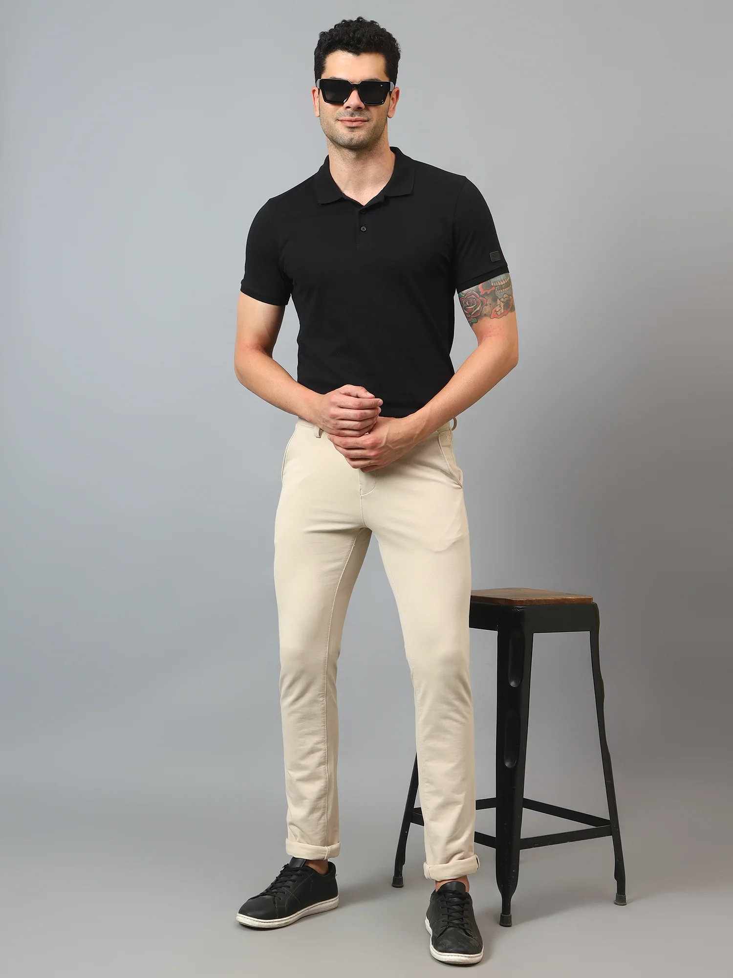 Men's Casual Flat front Beige  Trousers - Image 6
