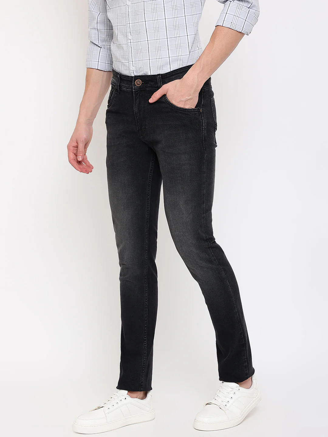 Denim Jeans for Men l Breathable & Soft with Color Fastness Ultra Narrow Fit Cotton Fabric Solid Pattern Button Closure - Image 2
