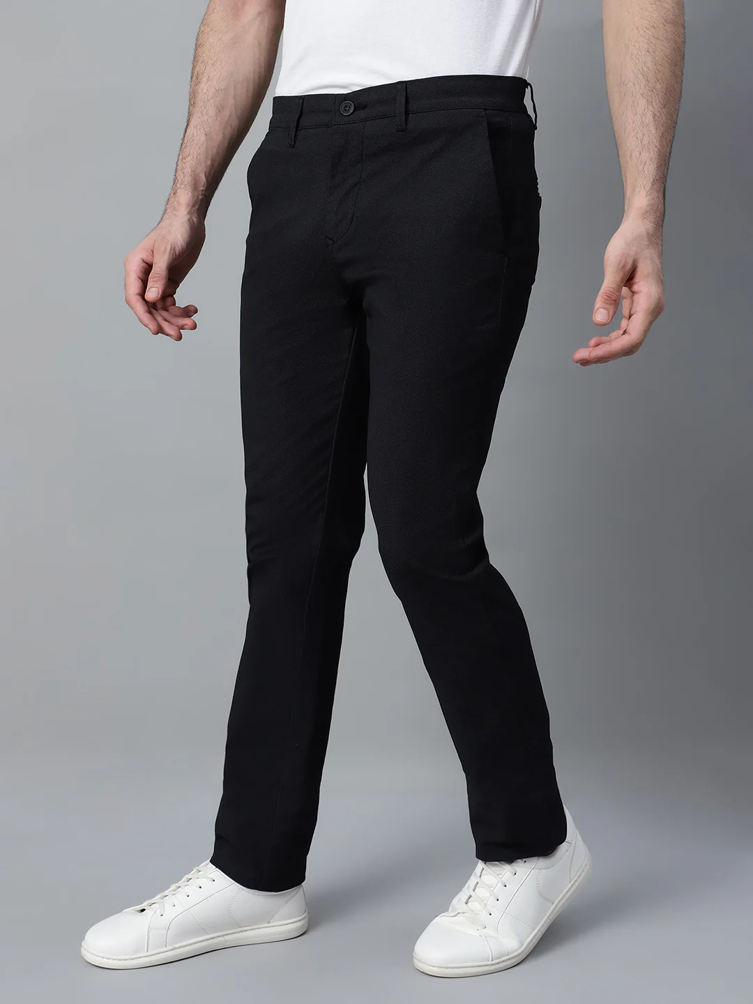 Men's Black Self Design Non-Pleated Stretchable Casual Trouser - Image 3