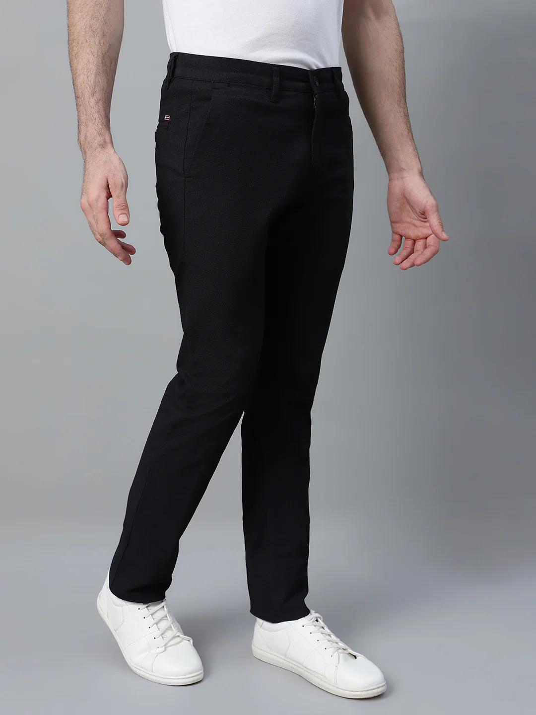 Men's Black Self Design Non-Pleated Stretchable Casual Trouser - Image 4