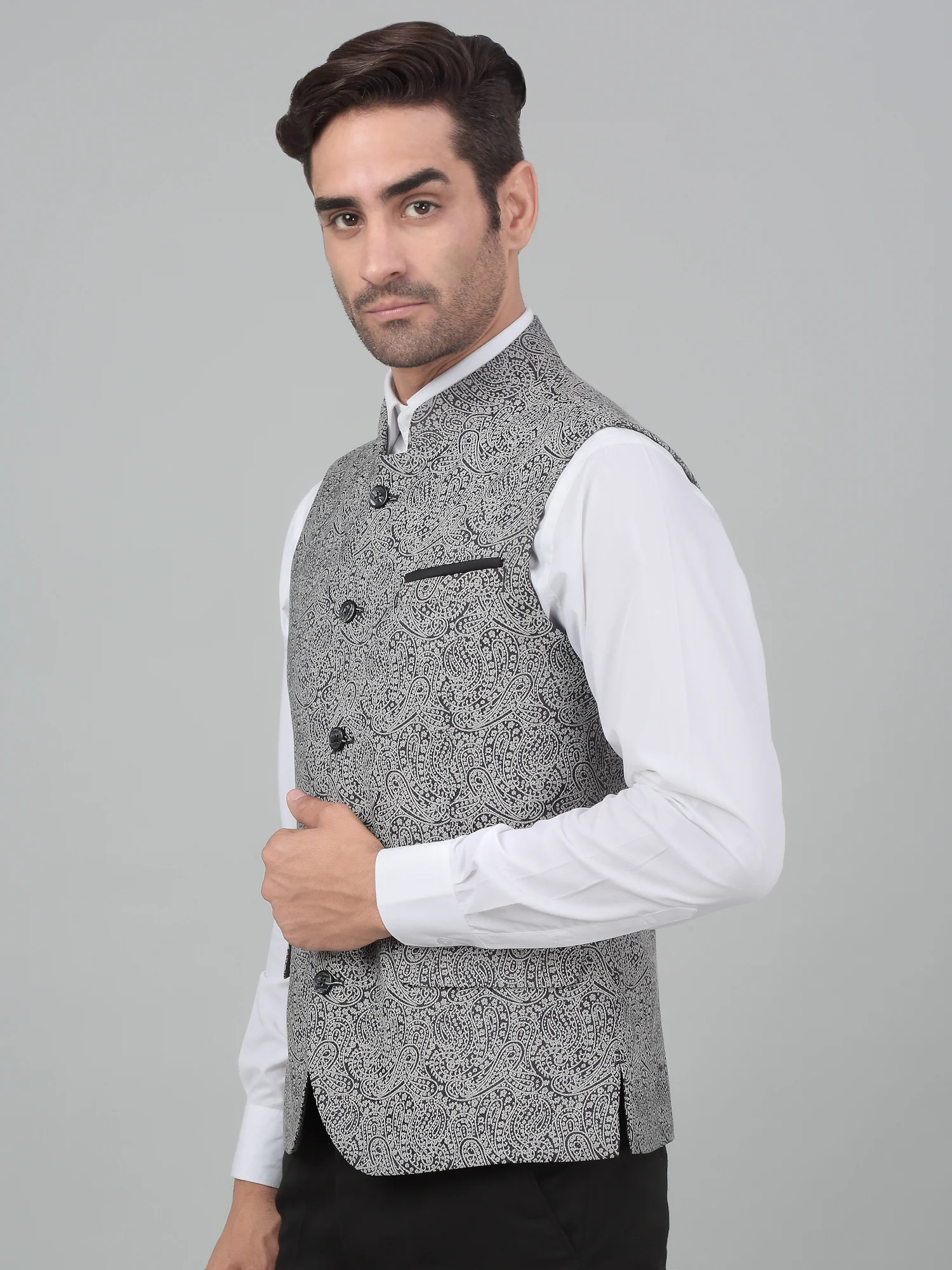 Men's Black Self Design Party Wear Waistcoat - Image 2