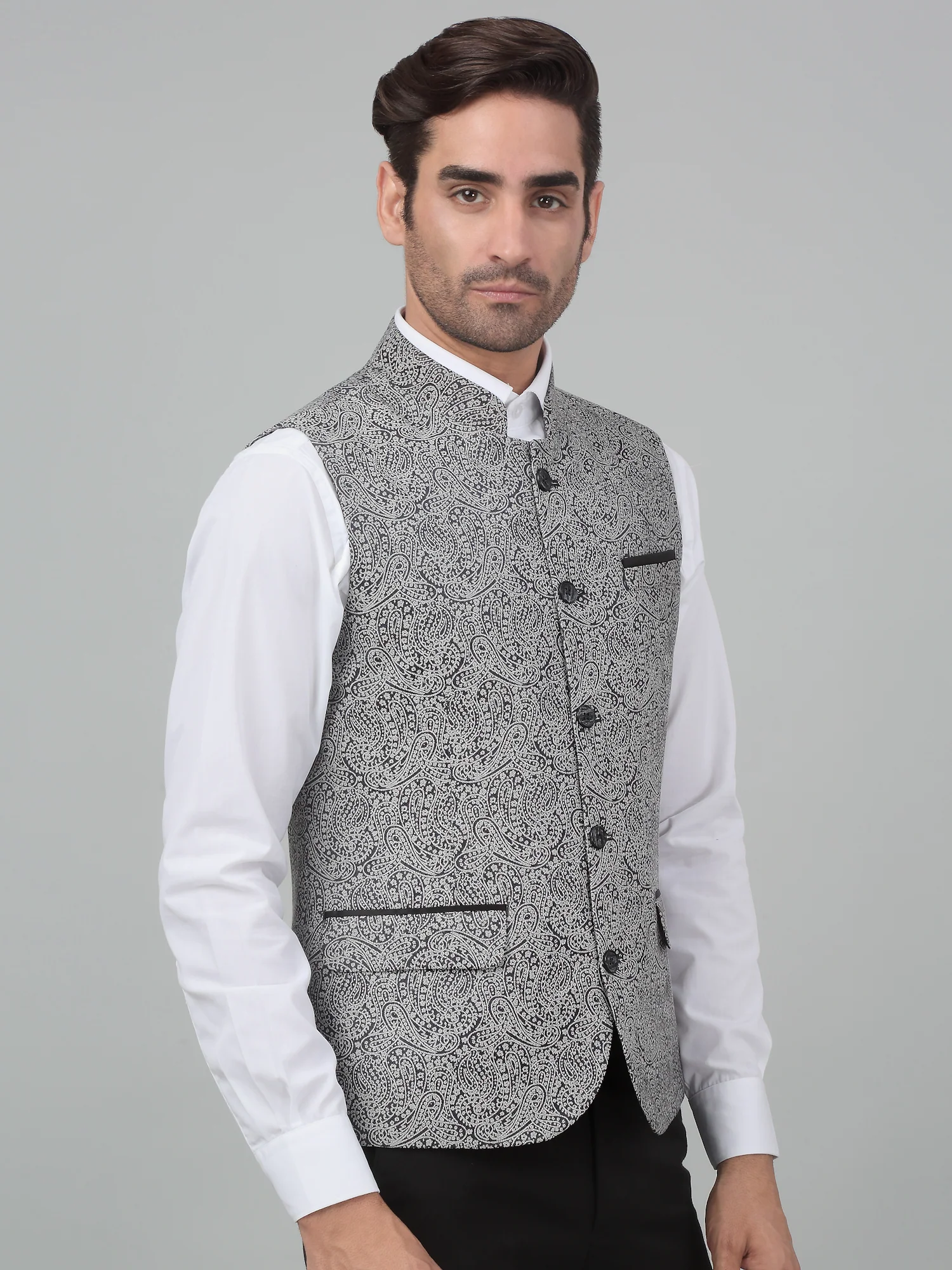 Men's Black Self Design Party Wear Waistcoat - Image 3