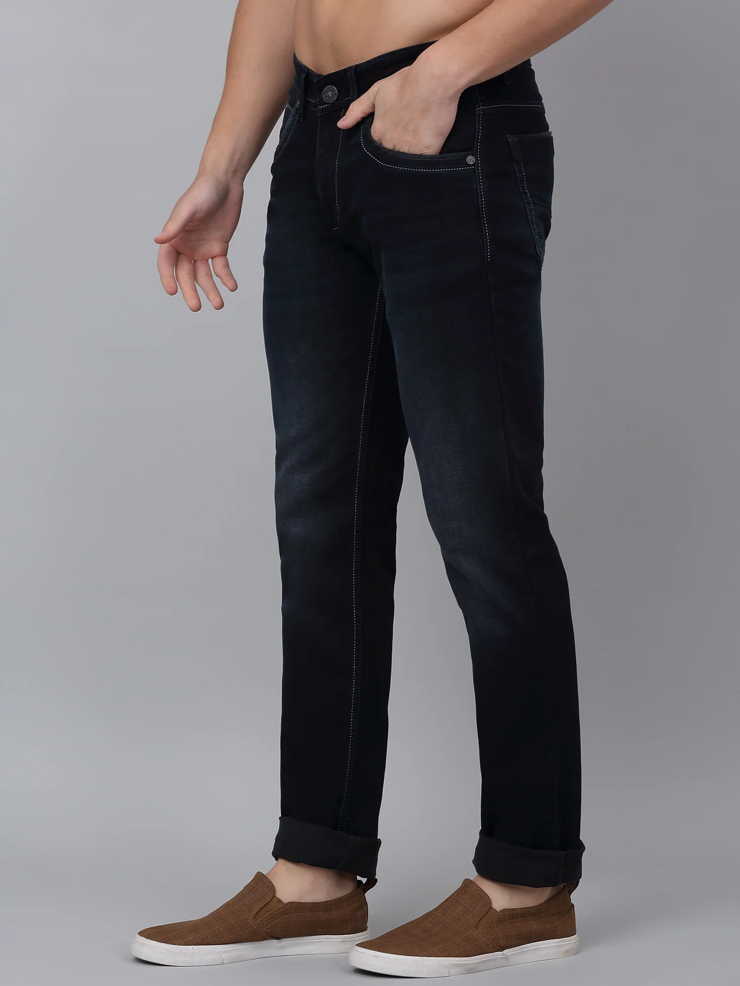 Denim Jeans for Men l Breathable & Soft with Color Fastness Ultra Narrow Fit Cotton Fabric Solid Pattern Button Closure - Image 3