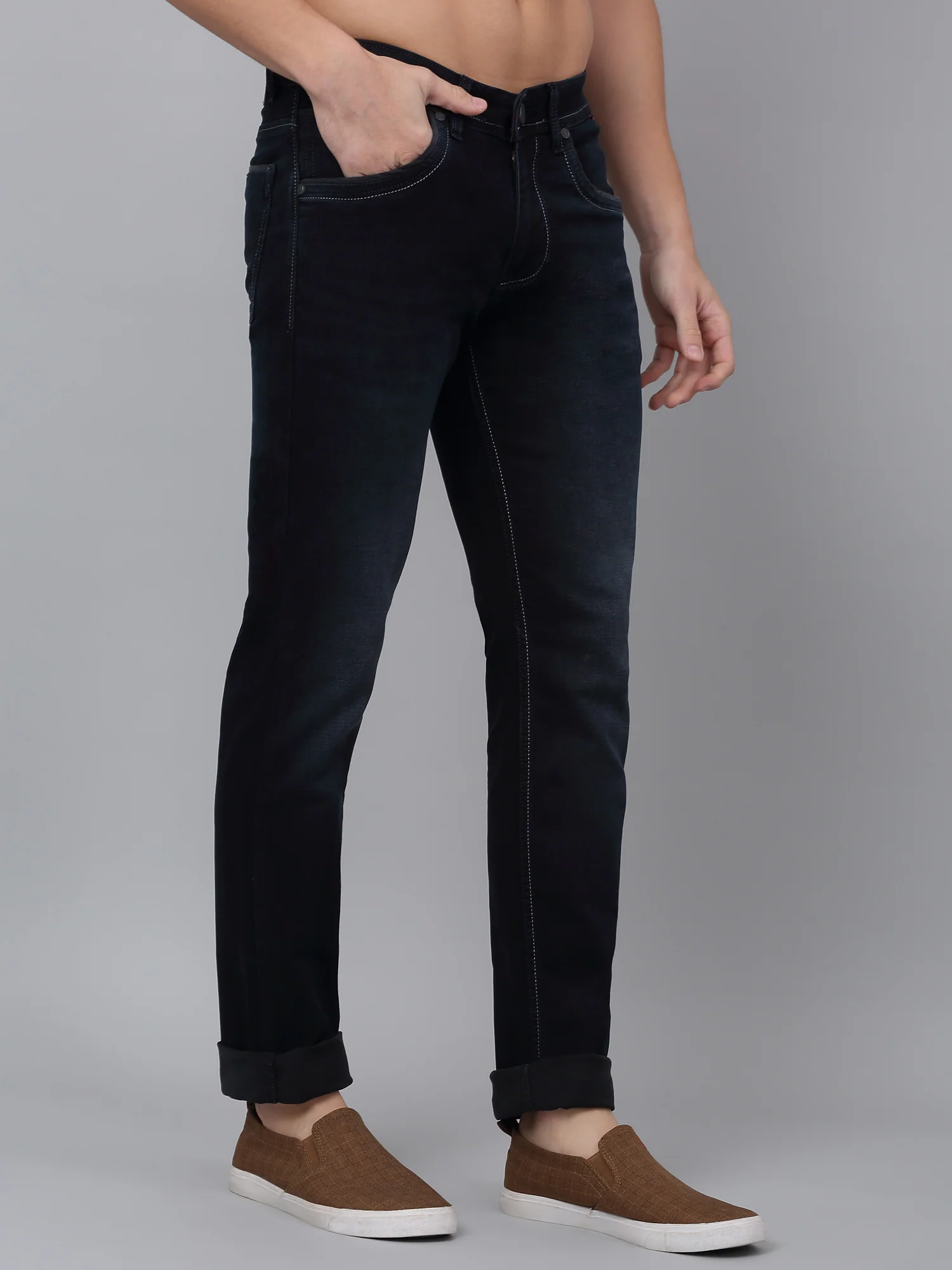 Denim Jeans for Men l Breathable & Soft with Color Fastness Ultra Narrow Fit Cotton Fabric Solid Pattern Button Closure - Image 4