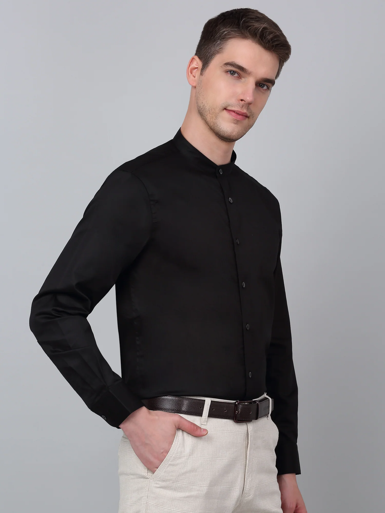 Formal Shirt for Men l Breathable & Soft with Color Fastness Regular Fit Mandarin Collar Neck Cotton Fabric Solid Pattern - Image 3