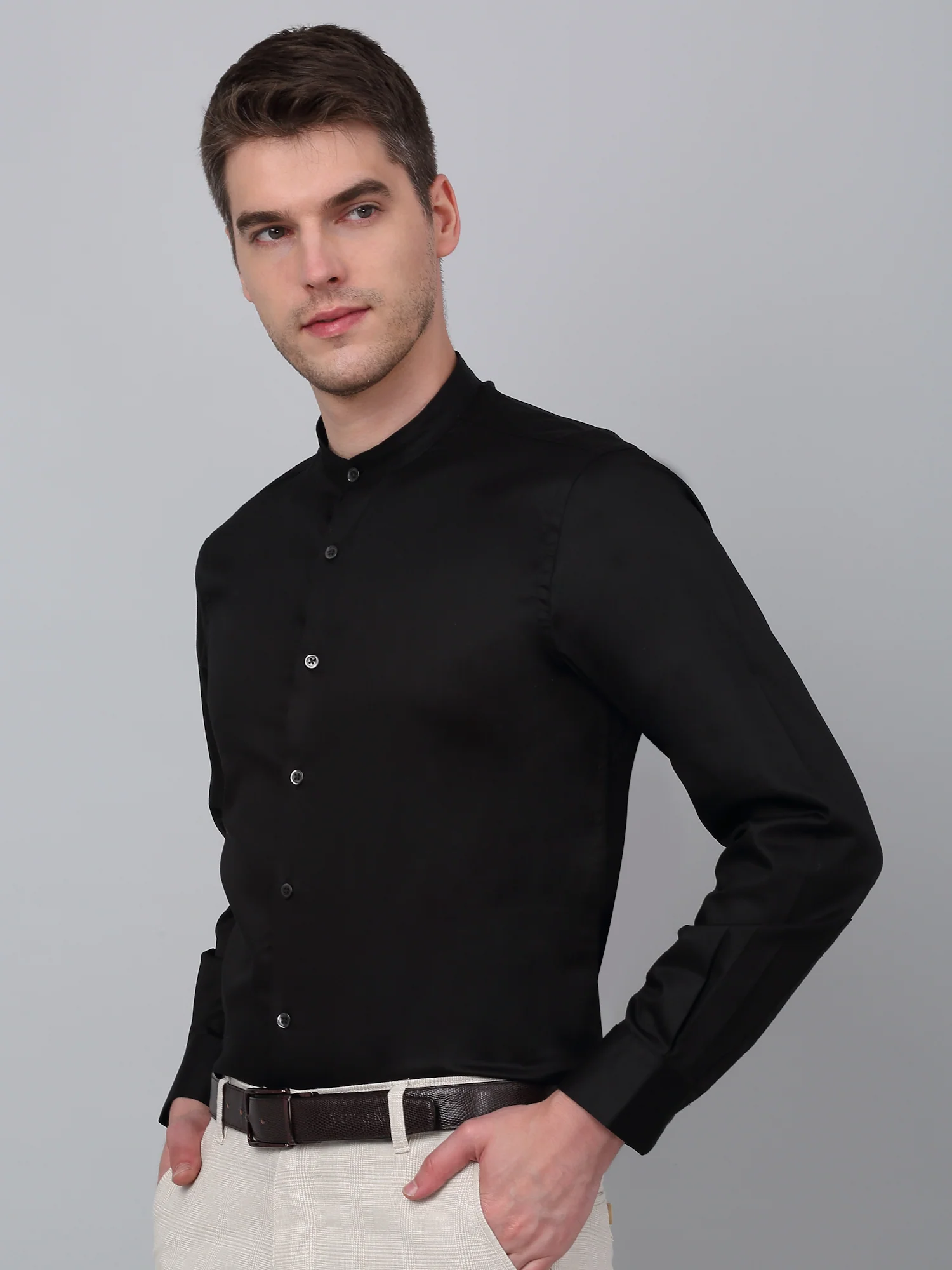 Formal Shirt for Men l Breathable & Soft with Color Fastness Regular Fit Mandarin Collar Neck Cotton Fabric Solid Pattern - Image 4