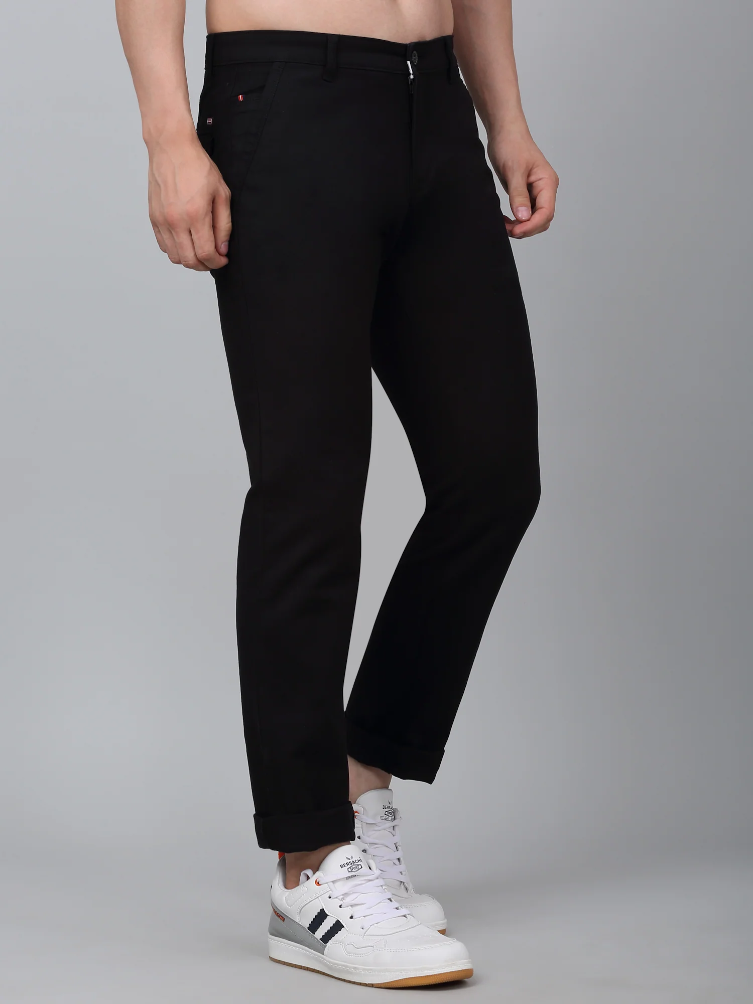 Men's Black Solid Non-Pleated Stretchable Casual Trouser - Image 3