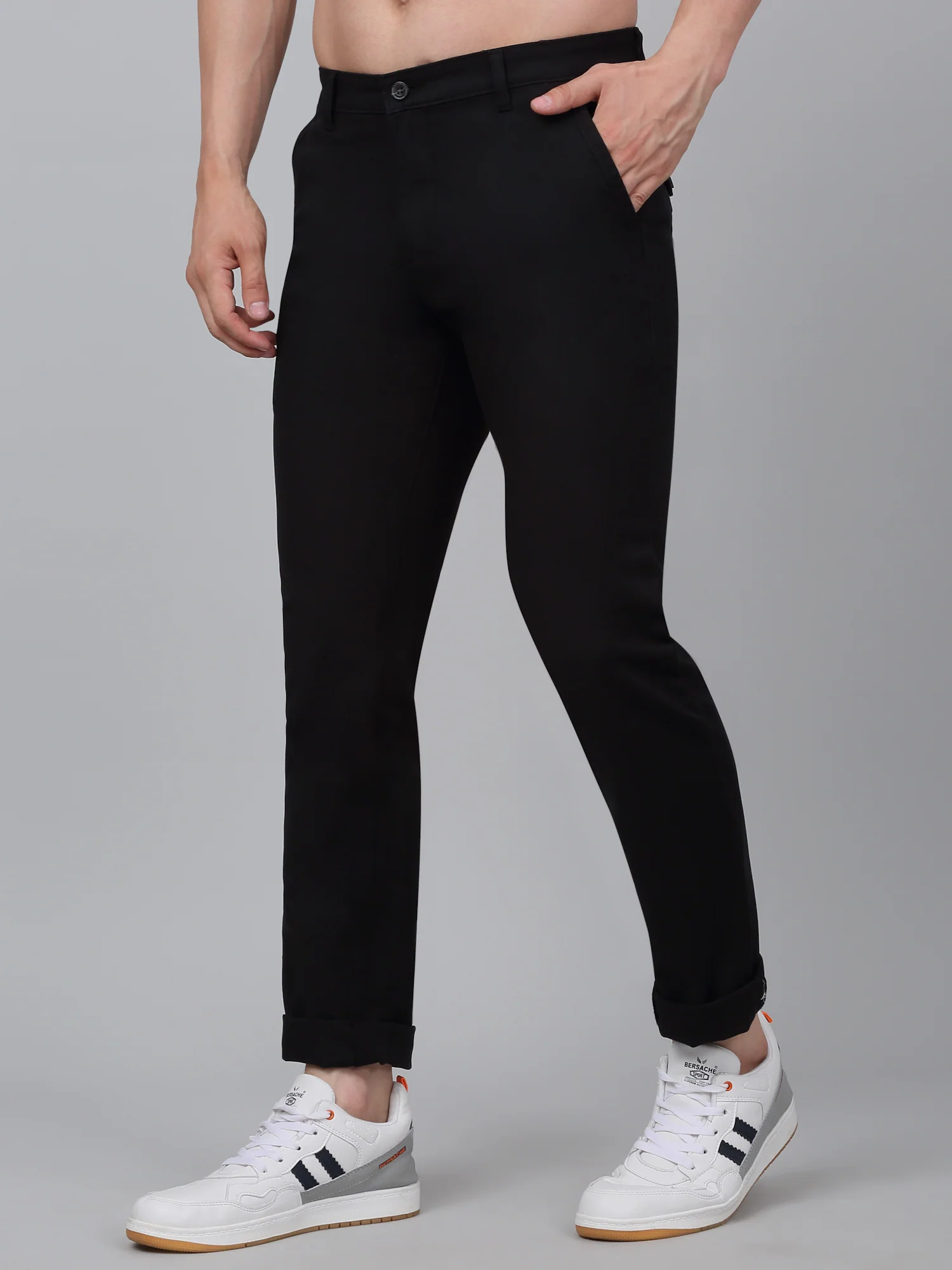 Men's Black Solid Non-Pleated Stretchable Casual Trouser - Image 4