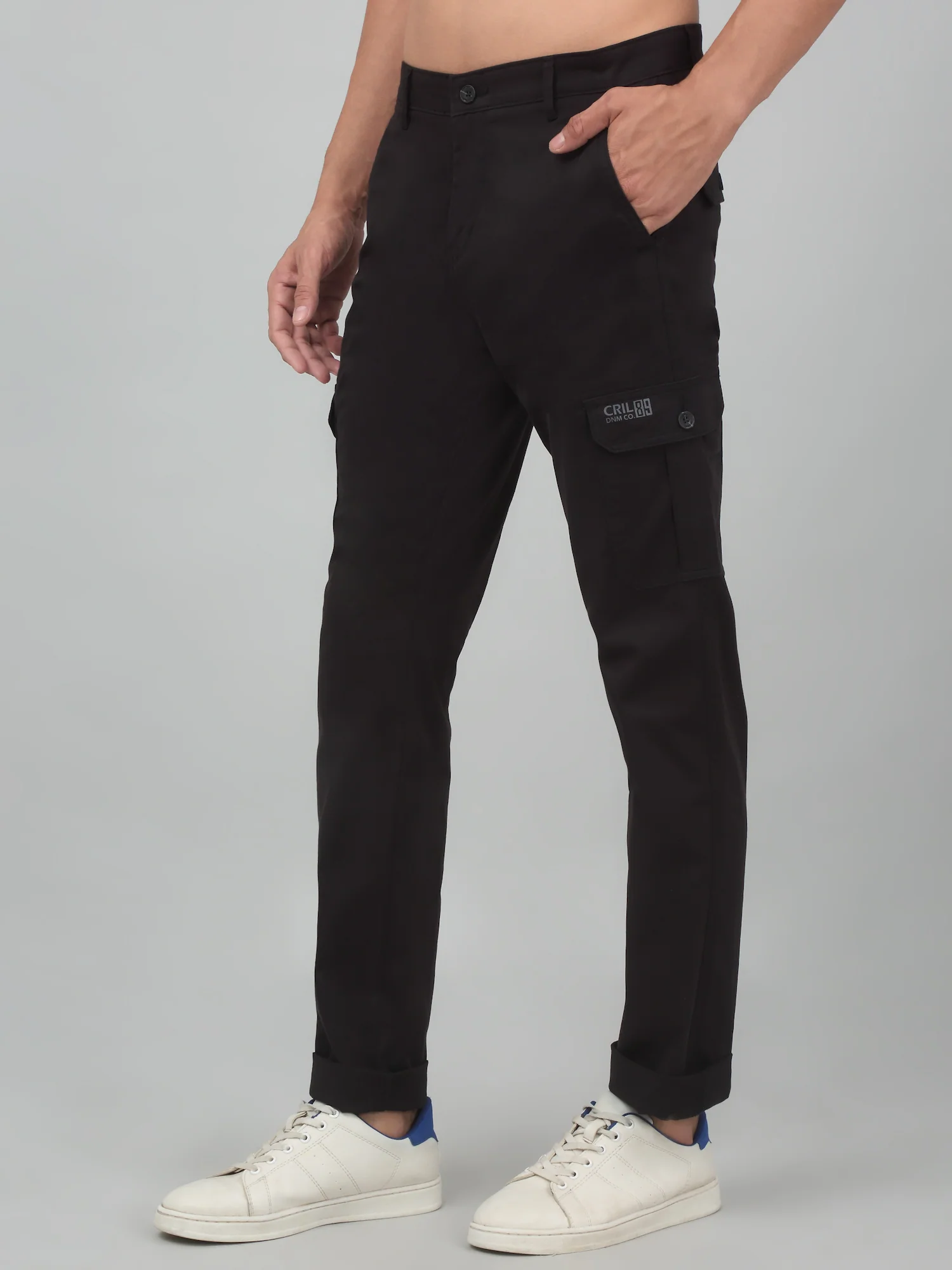 Men's Black Solid Stretchable Cargo - Image 3