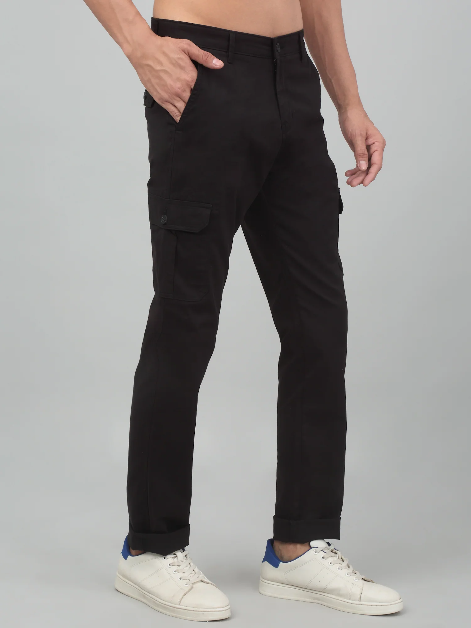 Men's Black Solid Stretchable Cargo - Image 4