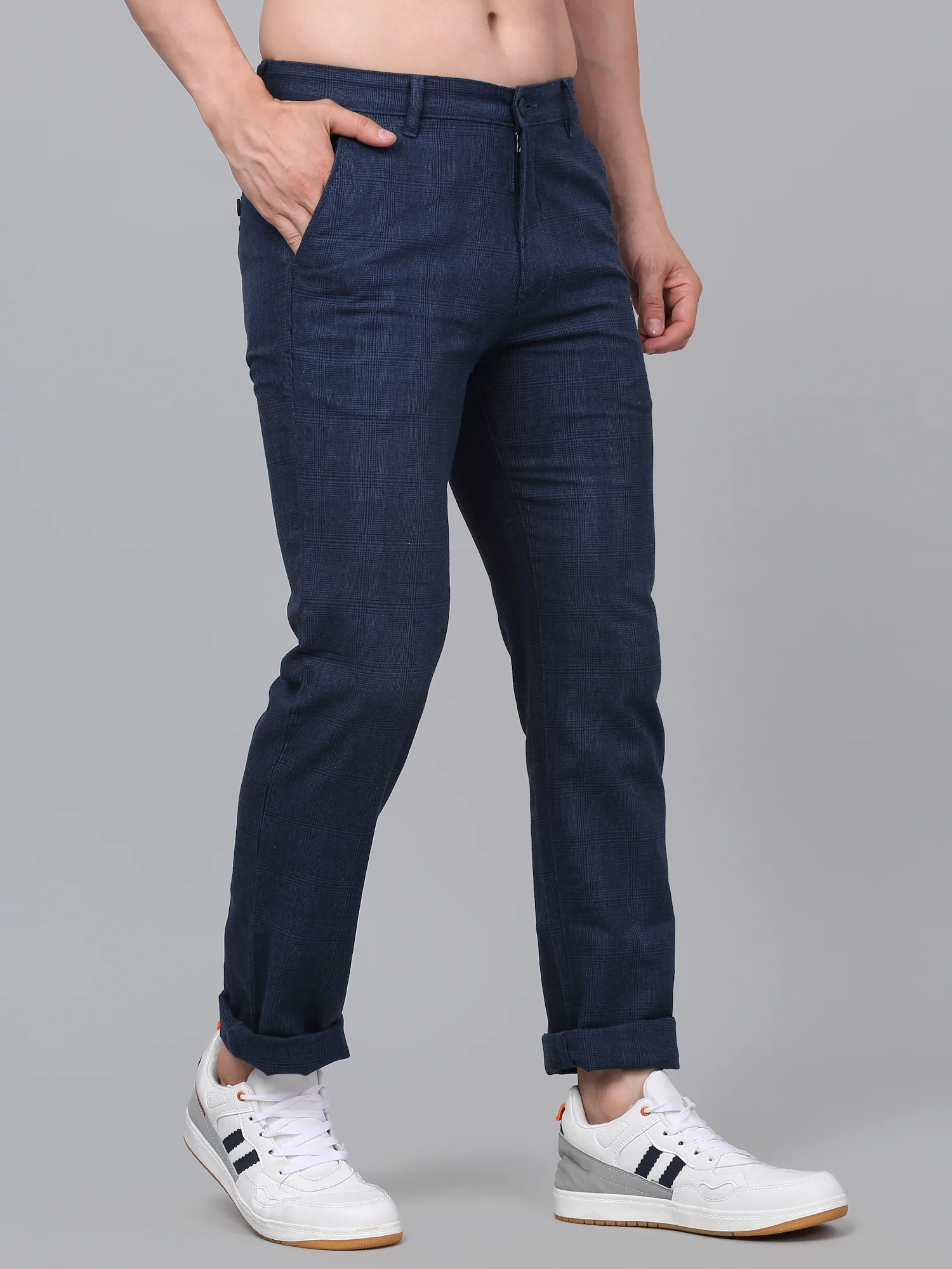 Men's Blue Checkered Non-Pleated Casual Trouser - Image 3