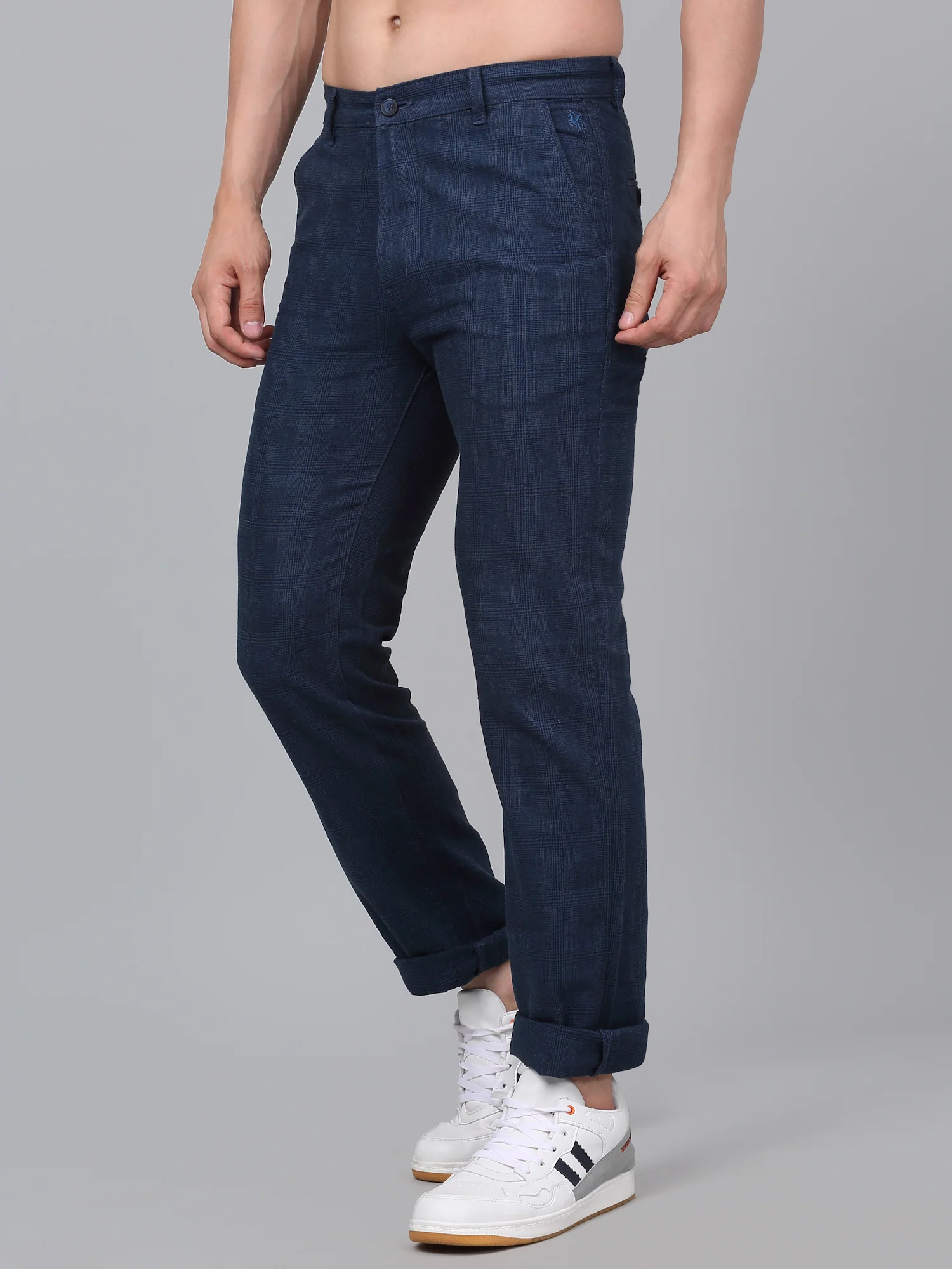Men's Blue Checkered Non-Pleated Casual Trouser - Image 4