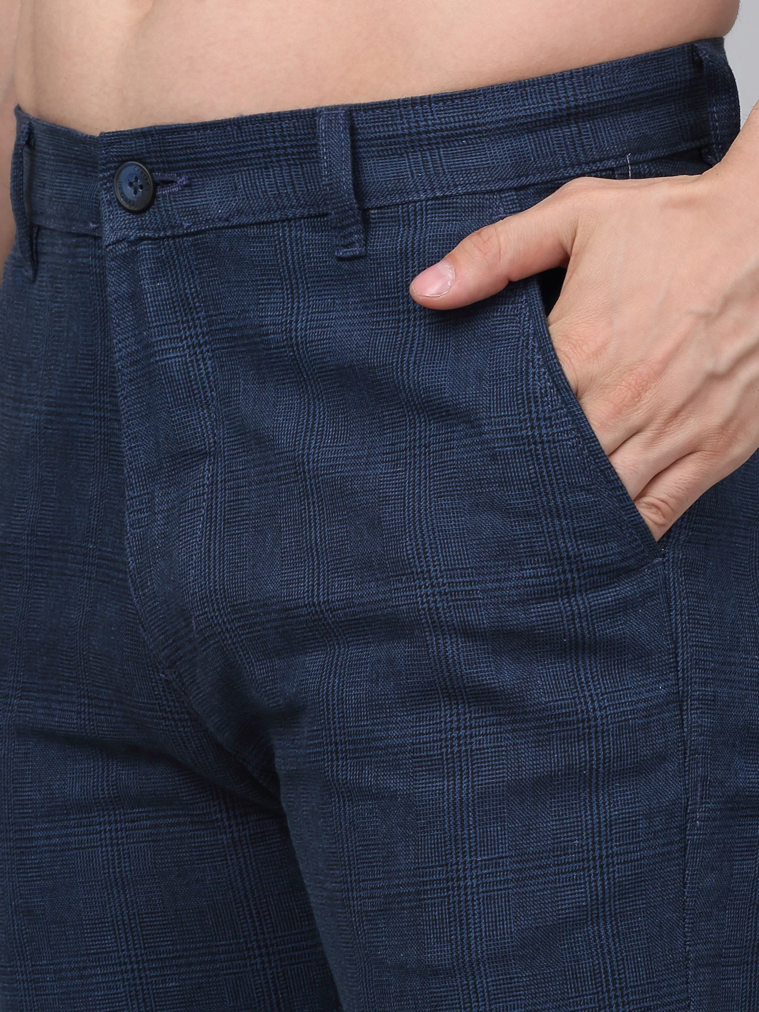 Men's Blue Checkered Non-Pleated Casual Trouser - Image 5