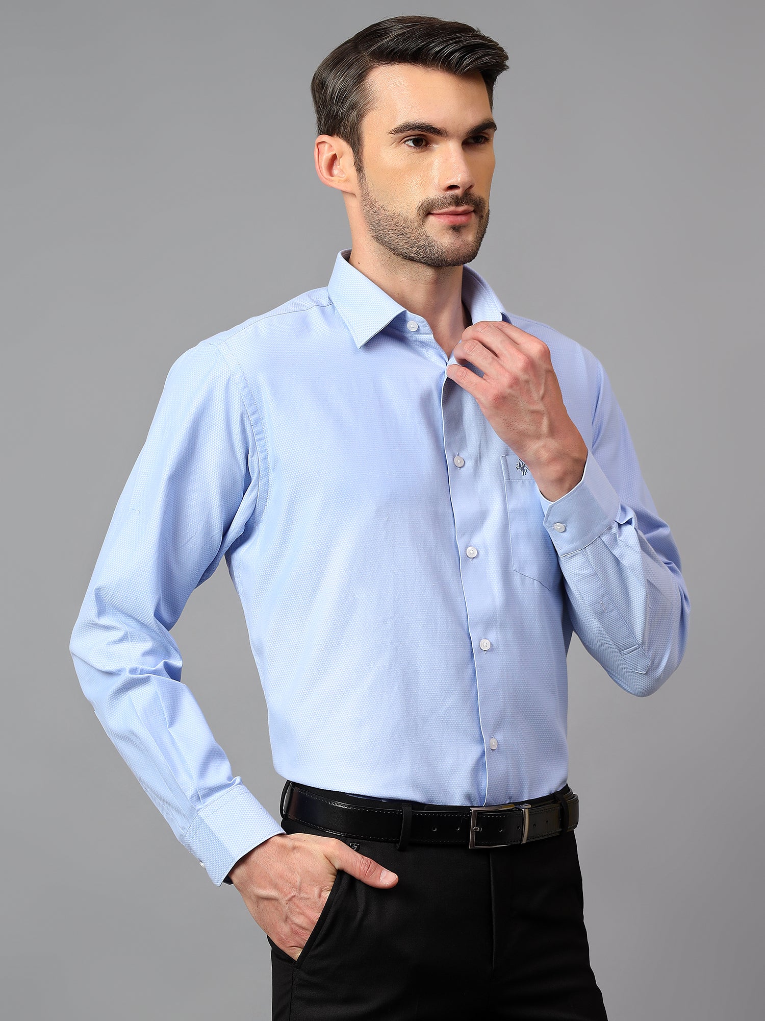 Men's Blue Formal Self Textured Full Sleeve Shirt - Image 3
