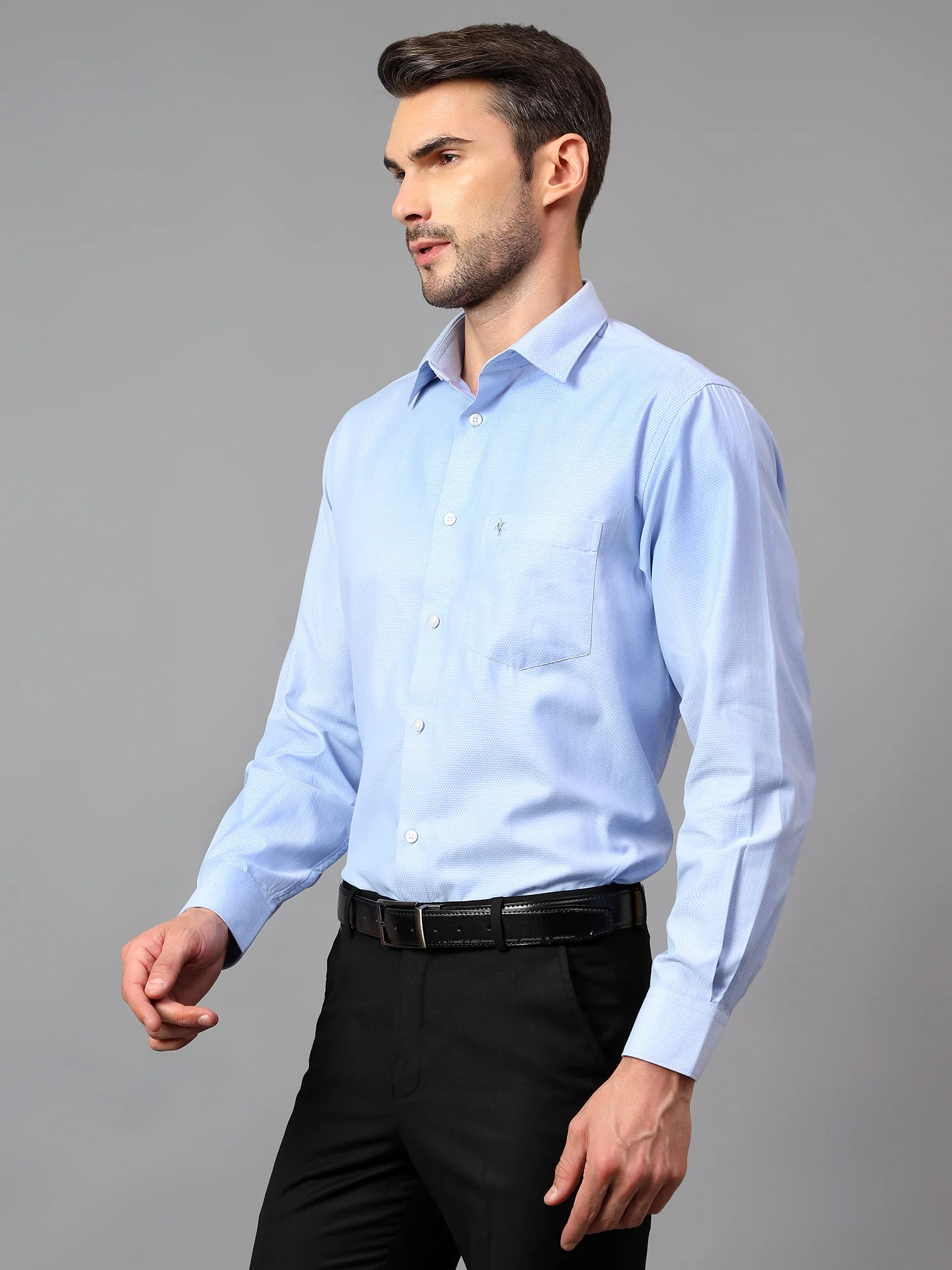 Men's Blue Formal Self Textured Full Sleeve Shirt - Image 4