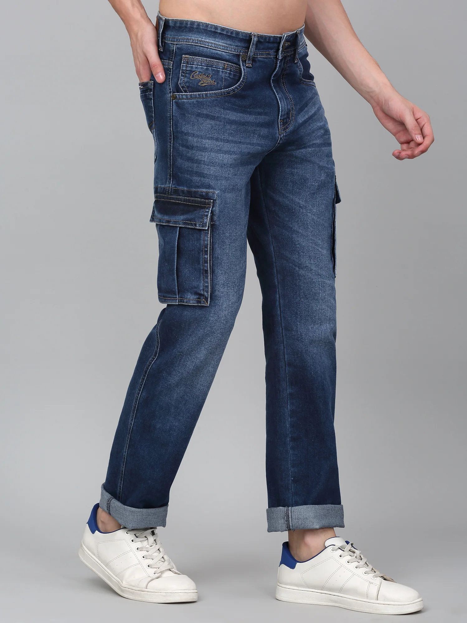 Men's Blue Solid Full Length Cargo - Image 3