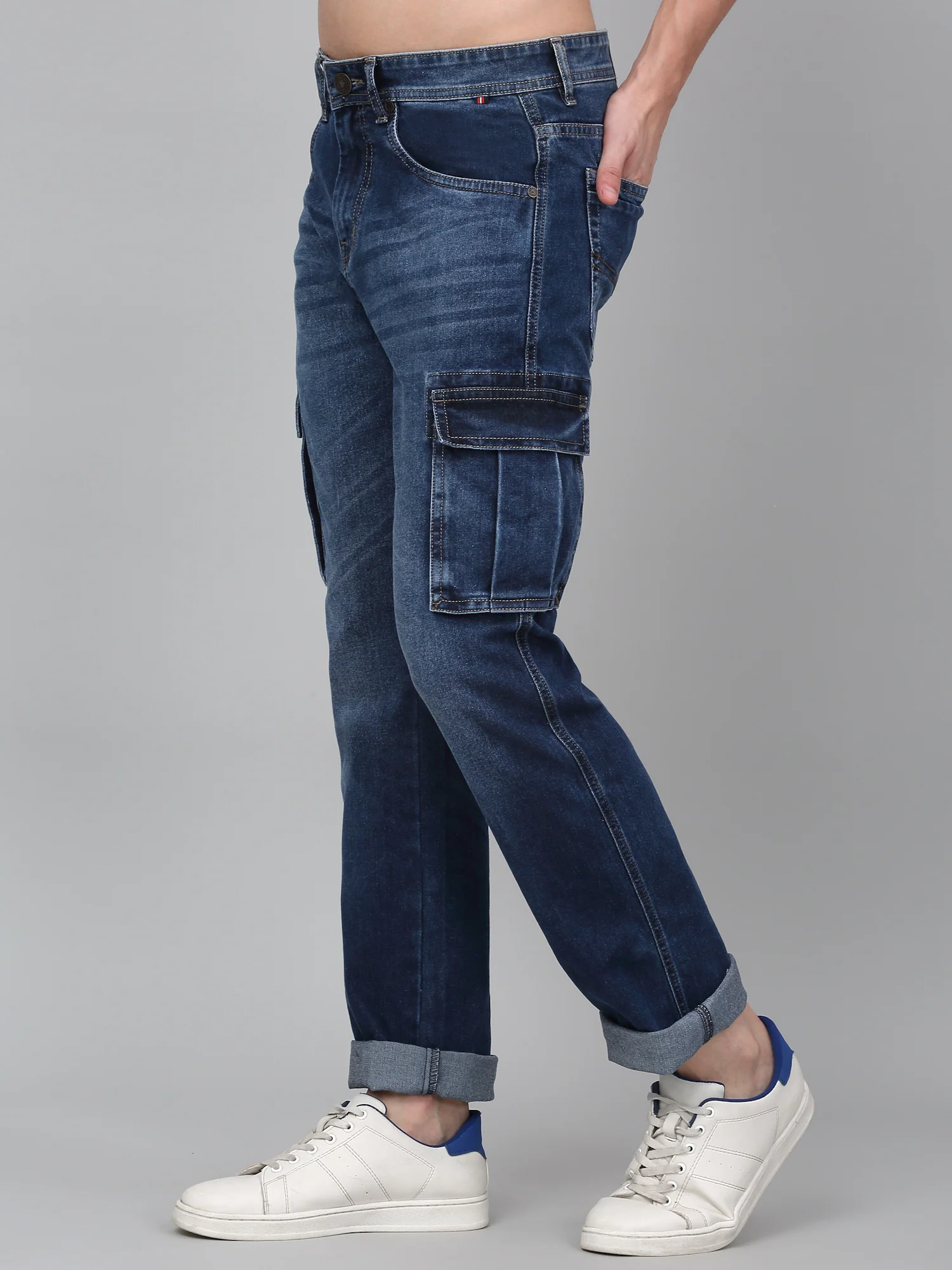 Men's Blue Solid Full Length Cargo - Image 4