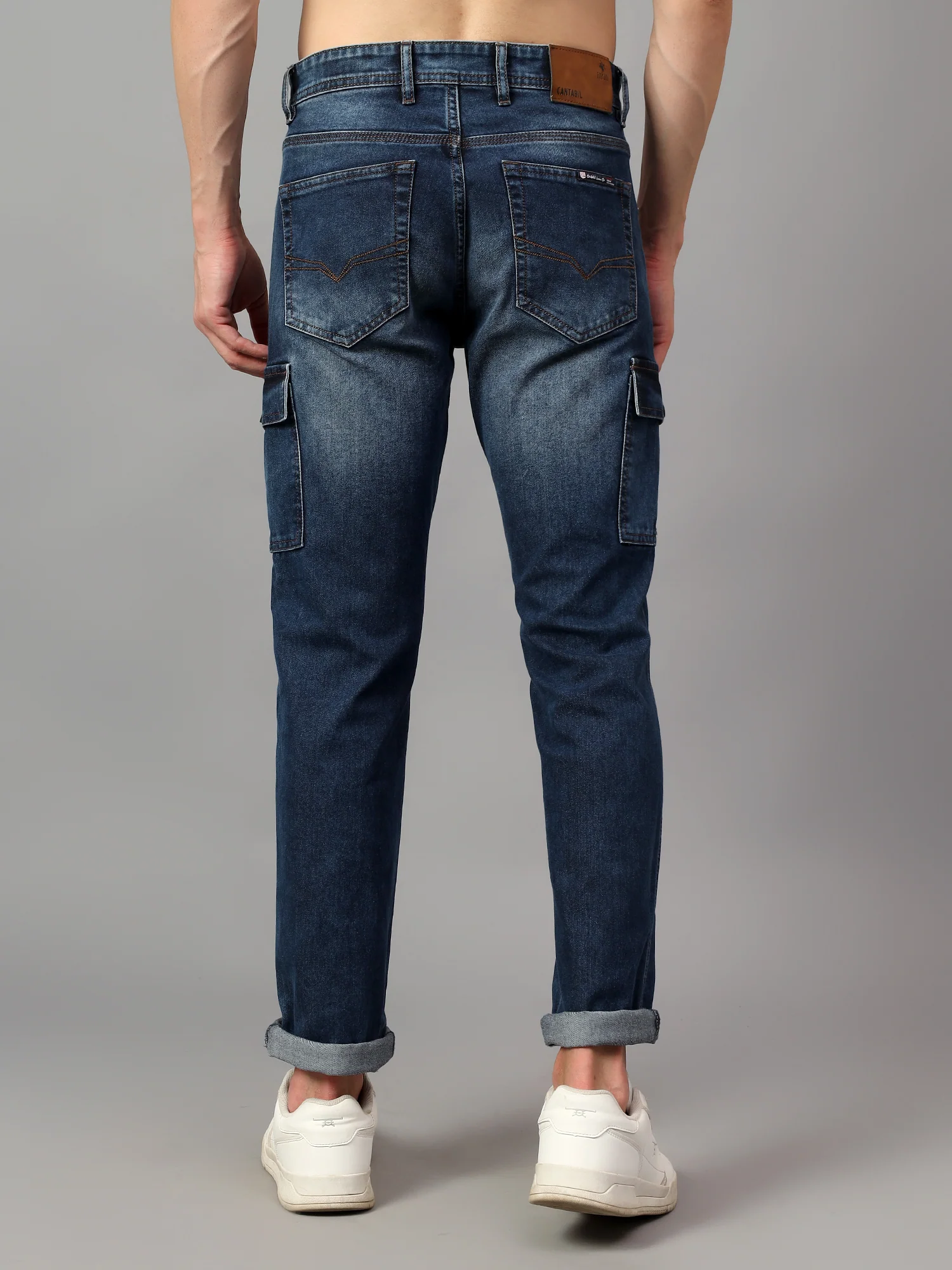 Men's Blue Solid Full Length Stretchable Cargo - Image 2