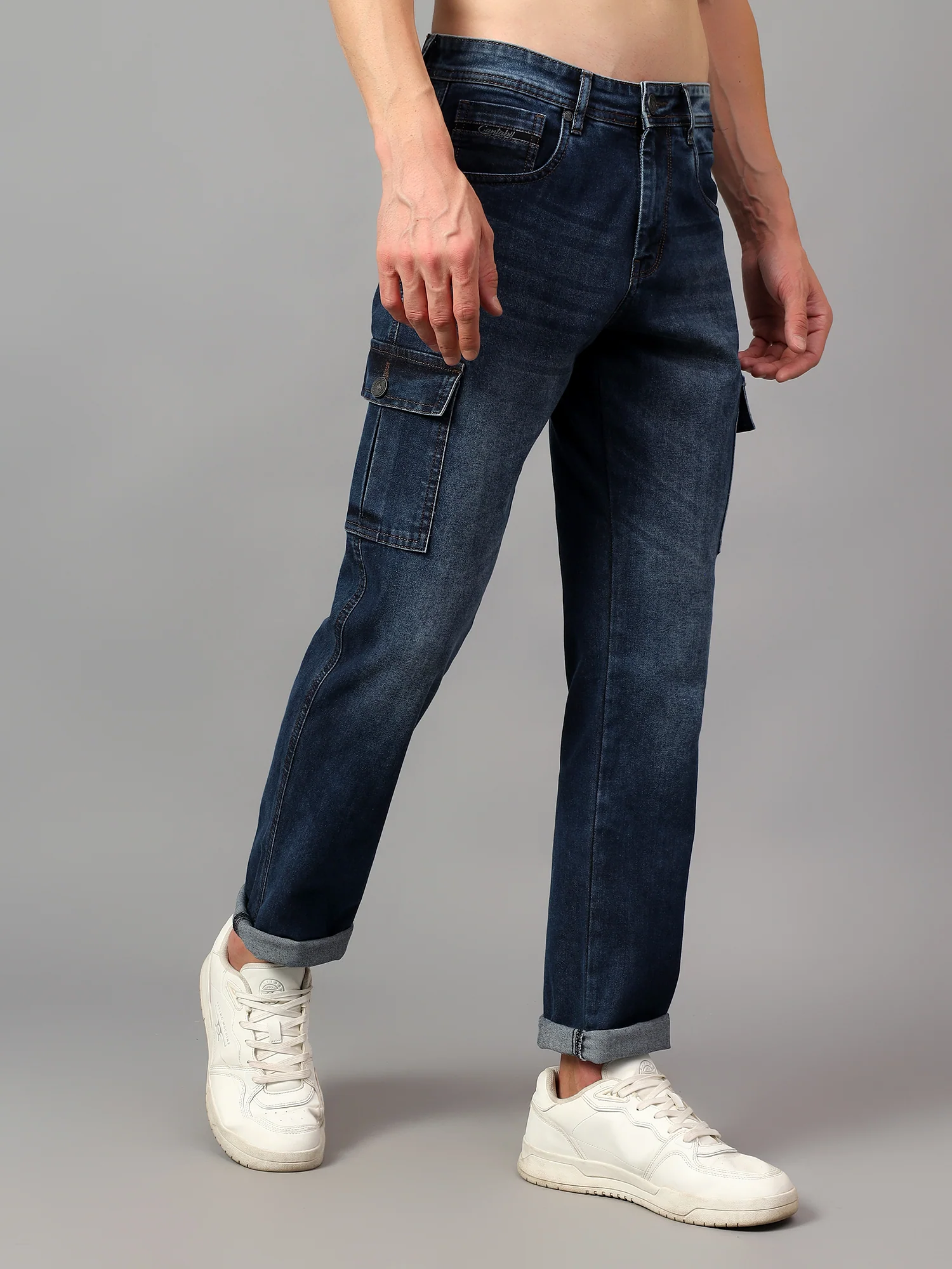 Men's Blue Solid Full Length Stretchable Cargo - Image 3