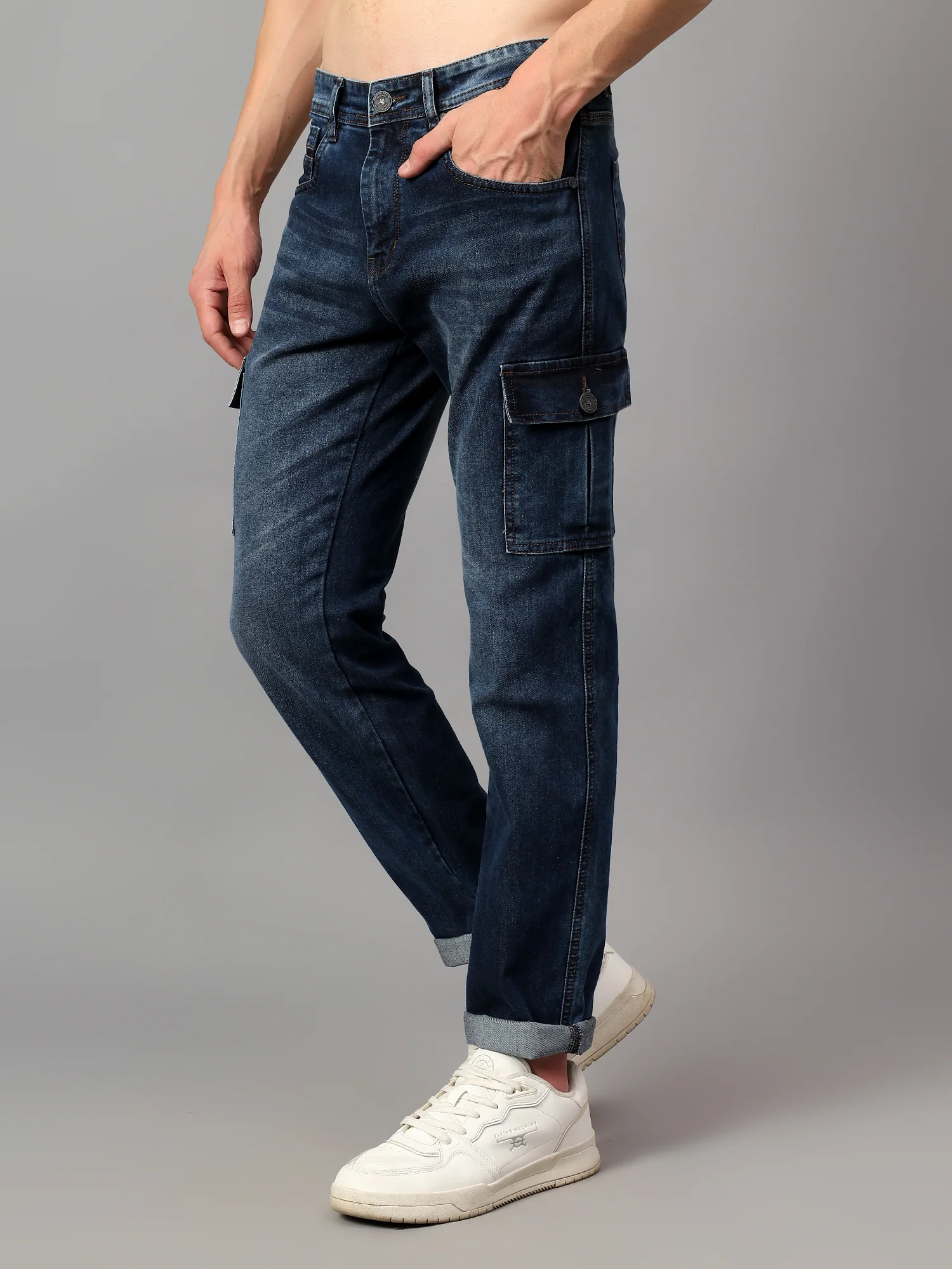 Men's Blue Solid Full Length Stretchable Cargo - Image 4