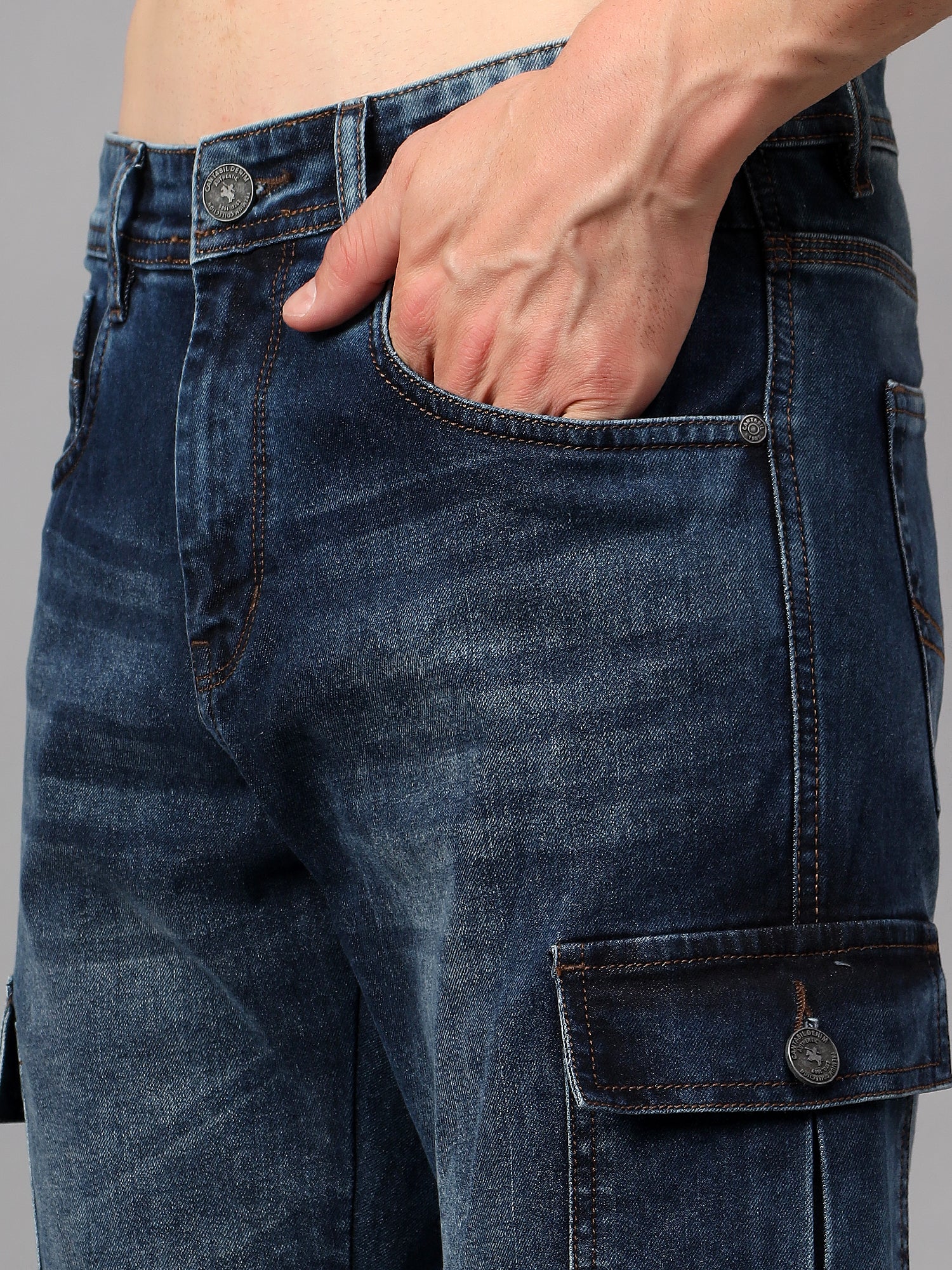 Men's Blue Solid Full Length Stretchable Cargo - Image 5