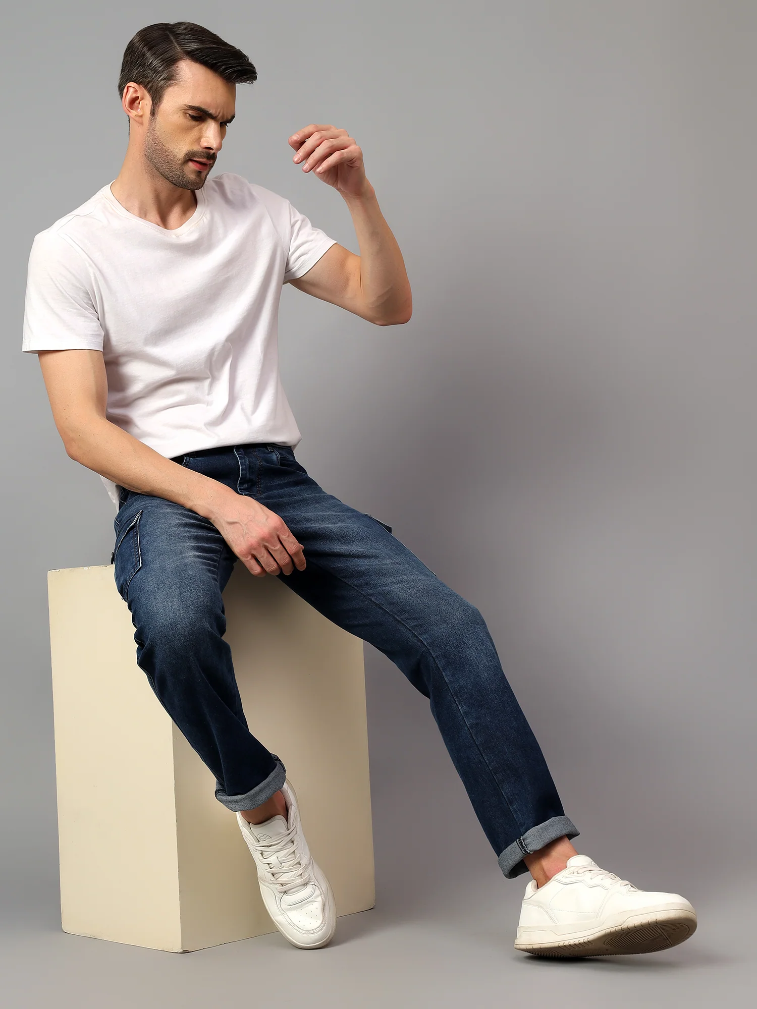 Men's Blue Solid Full Length Stretchable Cargo - Image 6