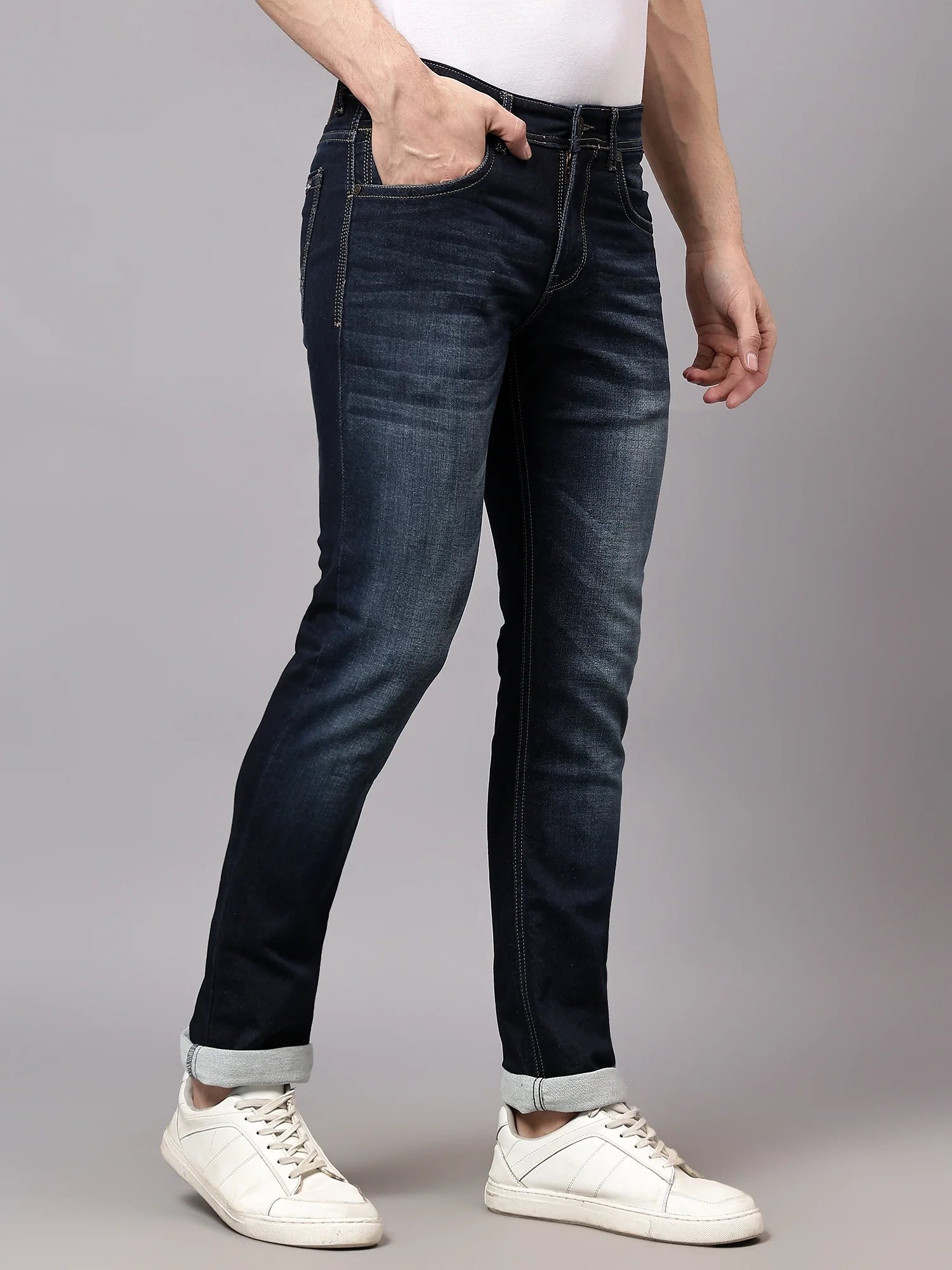 Denim Jeans for Men l Breathable & Soft with Color Fastness Ultra Narrow Fit Cotton Fabric Solid Pattern Button Closure - Image 4