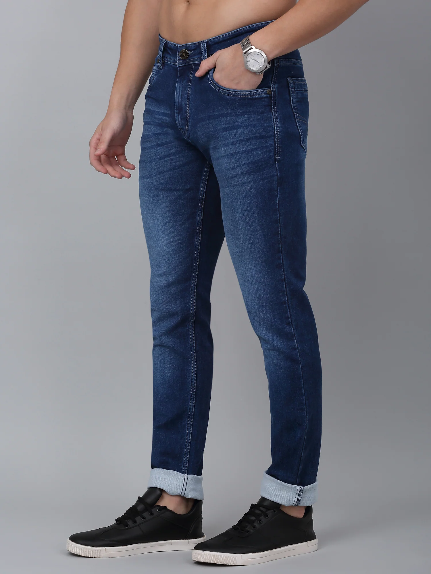Denim Jeans for Men l Breathable & Soft with Color Fastness Ultra Narrow Fit Cotton Fabric Solid Pattern Button Closure - Image 3