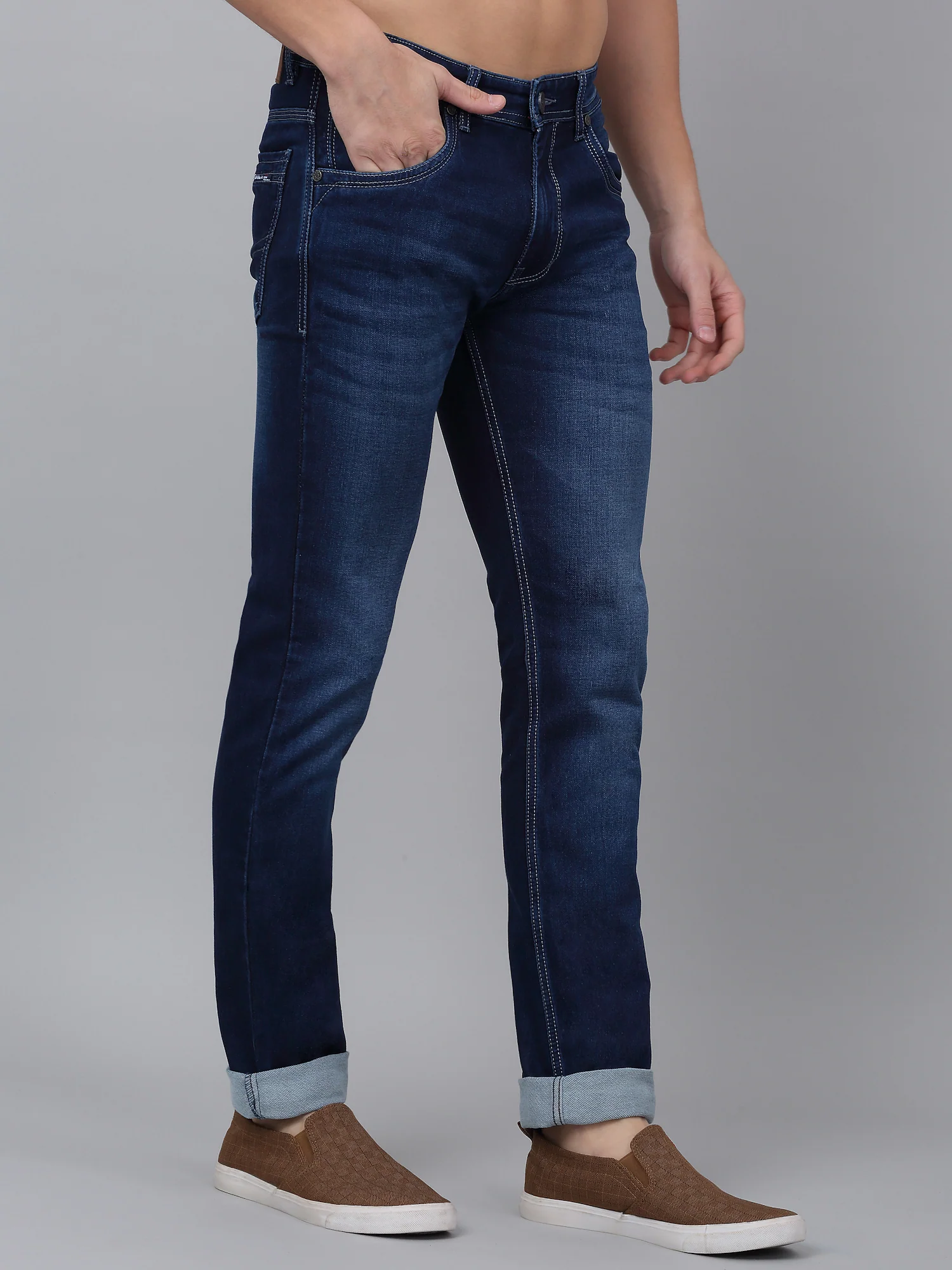 Denim Jeans for Men l Breathable & Soft with Color Fastness Ultra Narrow Fit Cotton Fabric Solid Pattern Button Closure - Image 4
