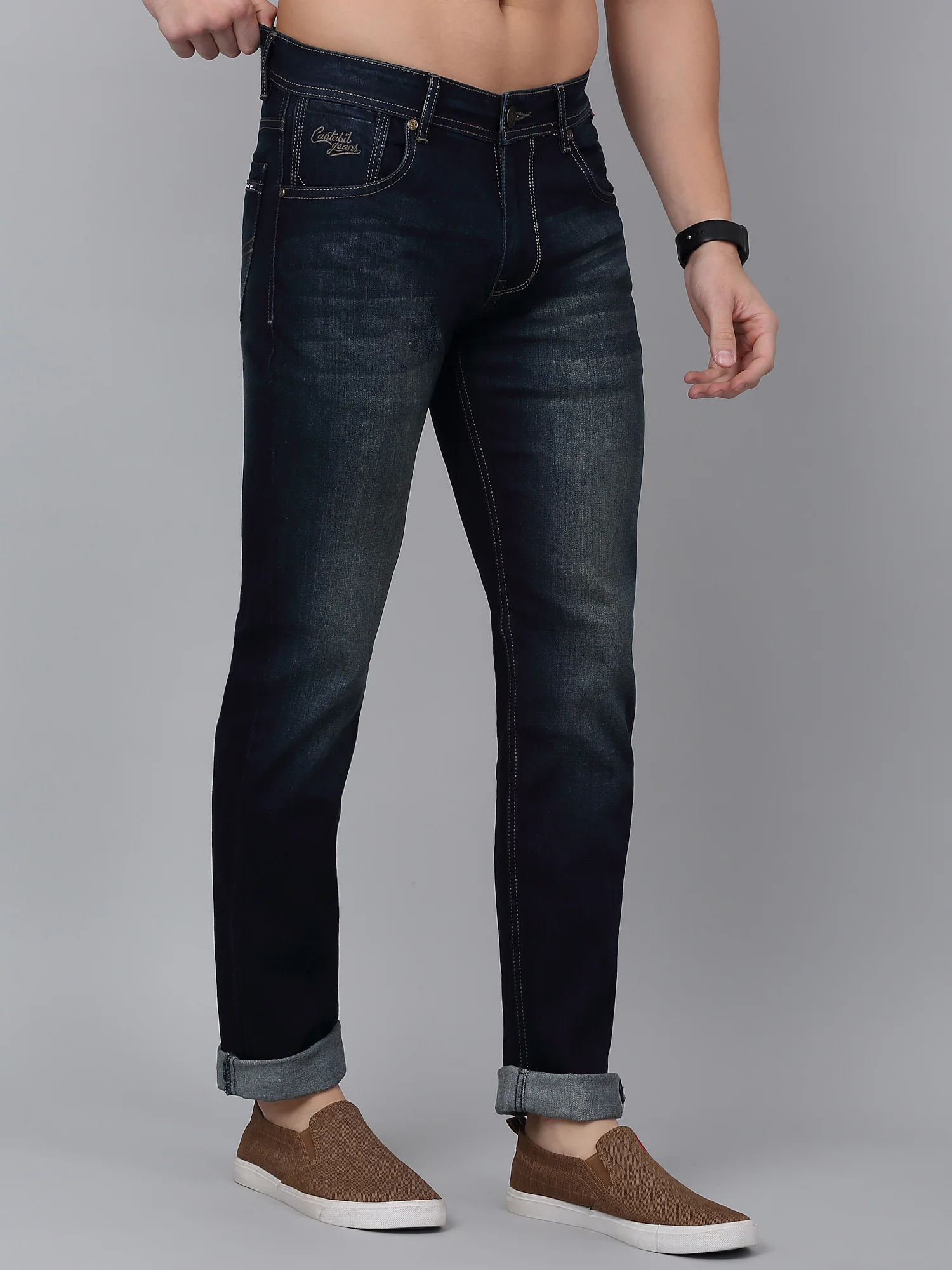 Denim Jeans for Men l Breathable & Soft with Color Fastness Ultra Narrow Fit Cotton Fabric Solid Pattern Button Closure - Image 3