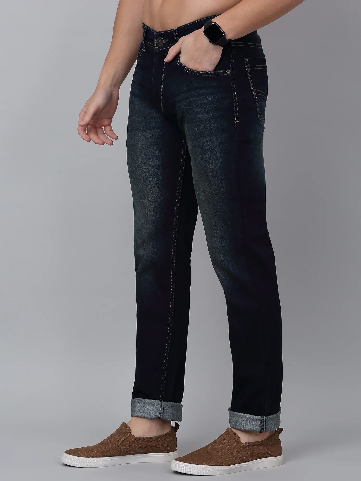 Denim Jeans for Men l Breathable & Soft with Color Fastness Ultra Narrow Fit Cotton Fabric Solid Pattern Button Closure - Image 4