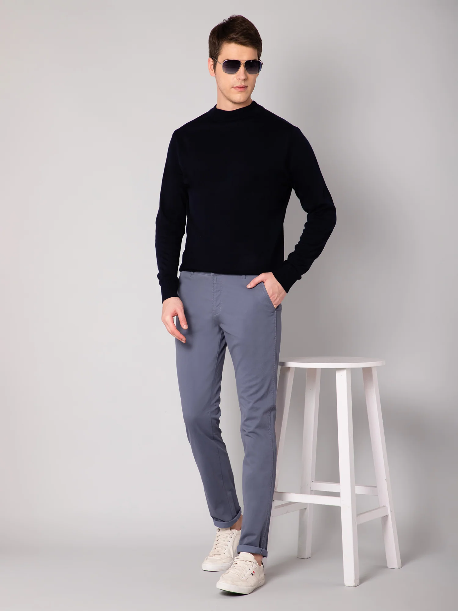 Men's Casual Flat front Blue  Trousers - Image 6